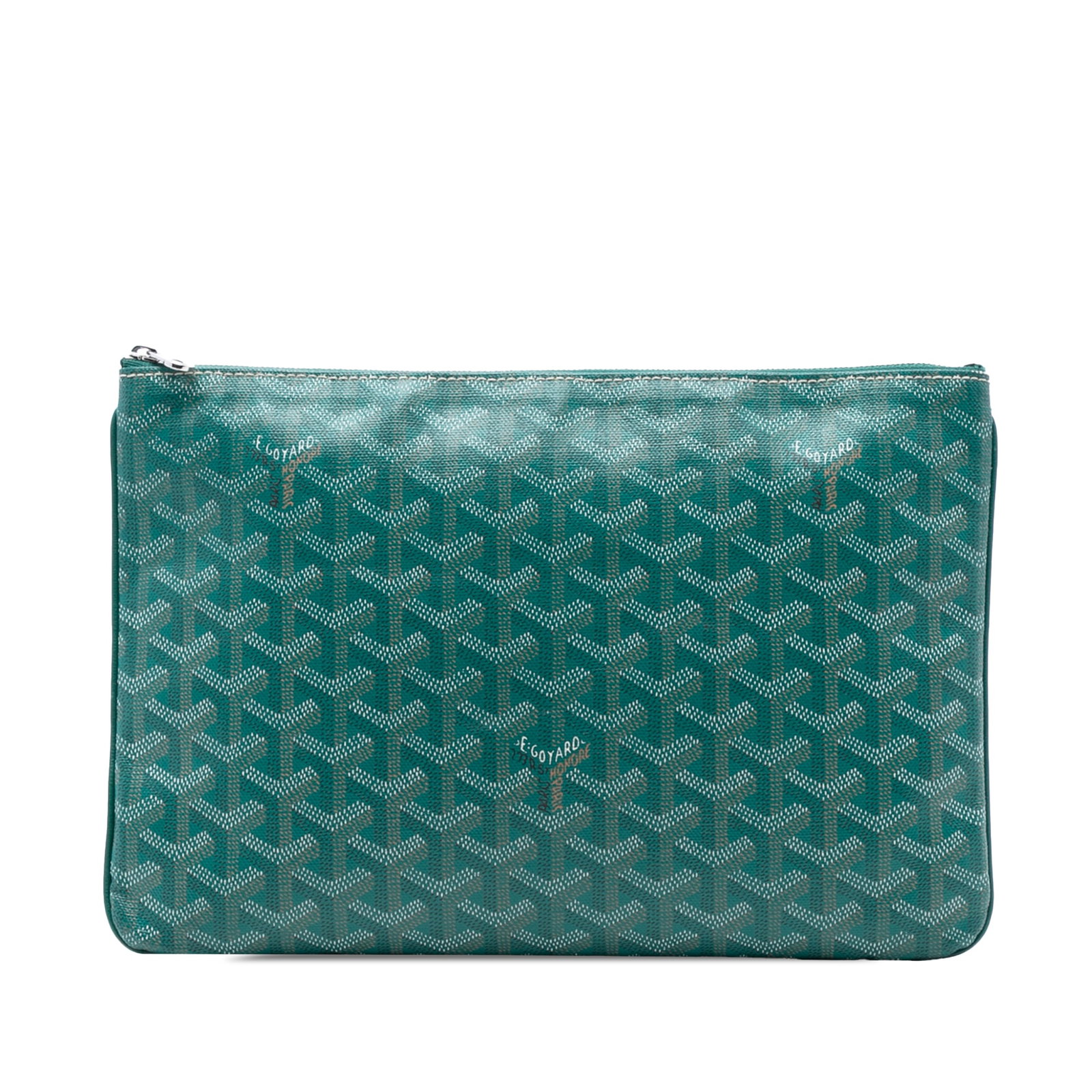 Goyard Green Fabric Senat MM Pouch with Zip Closure: Goyard Green Fabric Senat MM Pouch with Zip Closure The Senat MM features a green coated canvas exterior, a top zip closure, and an interior slip pocket. This versatile pouch is crafted in France and 