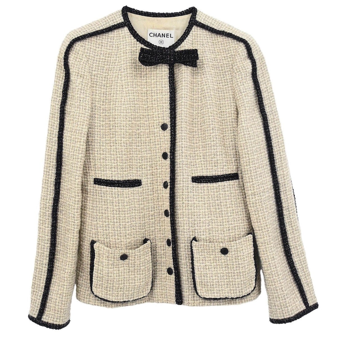 Chanel Beige Collarless Wool Blend Jacket Size 40 Vintage 03A: Chanel Beige Collarless Wool Blend Jacket Size 40 Vintage 03A This Chanel single-breasted, collarless jacket features a mid-length silhouette in beige. Crafted from a blend of wool, mohair, rayon, nyl