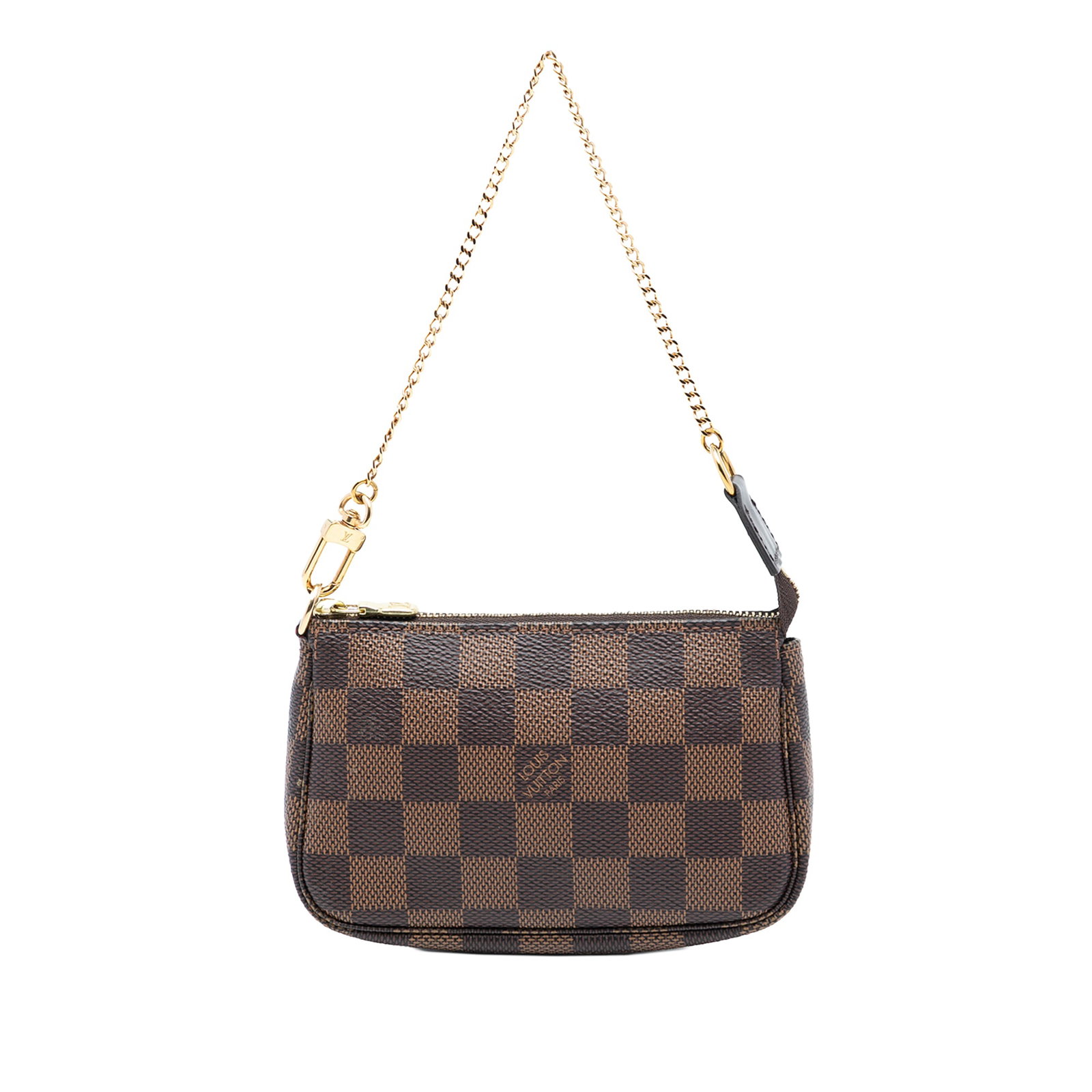 Damier Ebene Mini Pochette Accessoires by Louis Vuitton Canvas With Chain Strap: Damier Ebene Mini Pochette Accessoires by Louis Vuitton Canvas With Chain Strap This Louis Vuitton Damier Ebene Mini Pochette Accessoires features the signature Damier canvas in brown, complemented by