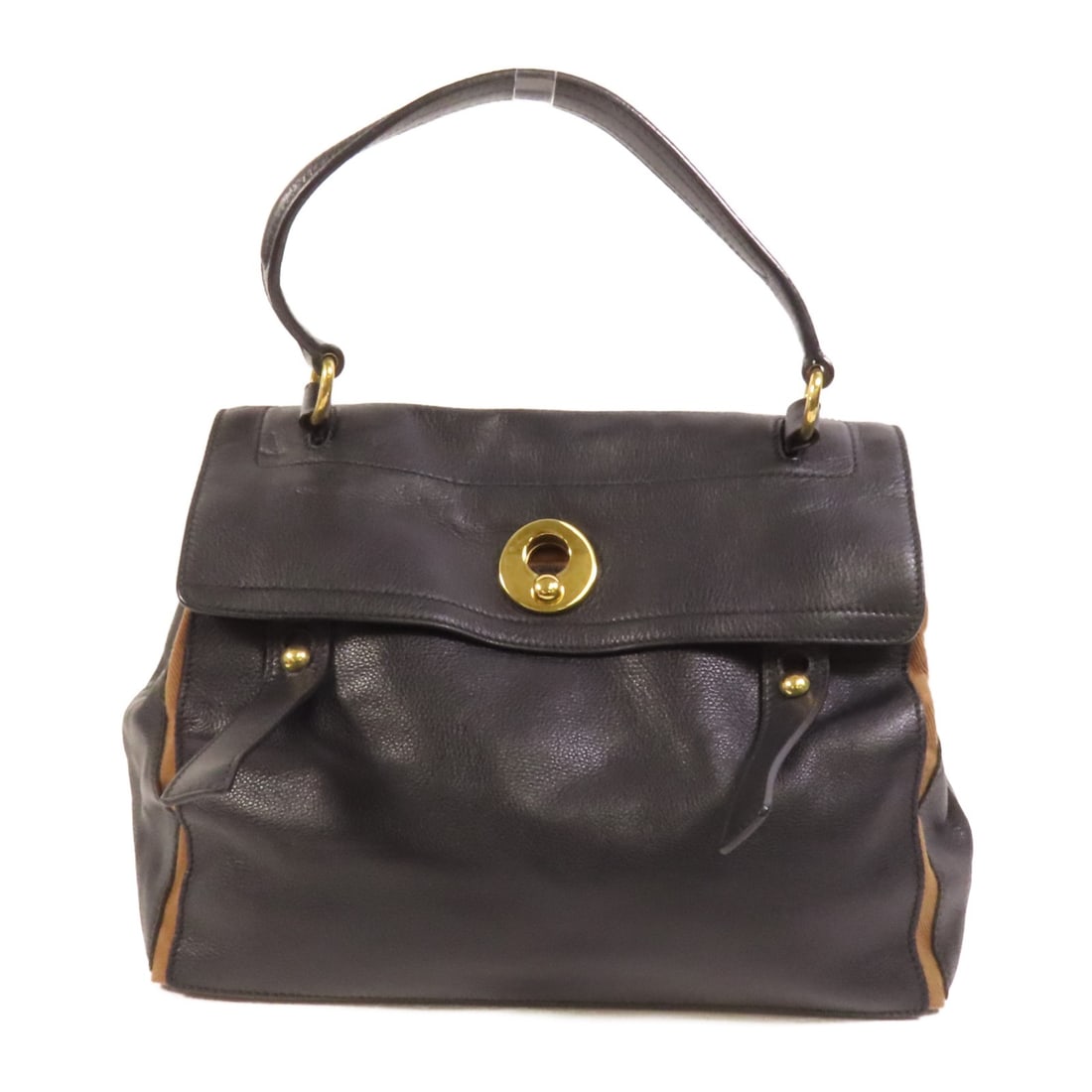 Saint Laurent Muse Two Black Brown Calfskin Handbag with Gold Tone Hardware: Saint Laurent Muse Two Black Brown Calfskin Handbag with Gold Tone Hardware This Yves Saint Laurent Muse Two handbag features black and brown calfskin leather with gold-tone hardware. The bag offers a