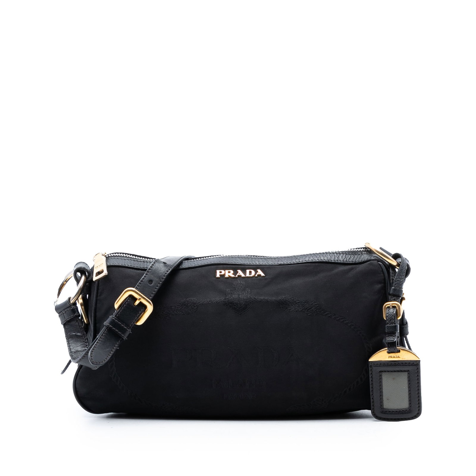 Prada Tessuto Canapa Black Logo Nylon Shoulder Bag with Leather Trim: Prada Tessuto Canapa Black Logo Nylon Shoulder Bag with Leather Trim This Prada Tessuto Canapa Logo Shoulder Bag features a nylon body with leather trim, an adjustable flat leather shoulder strap, and