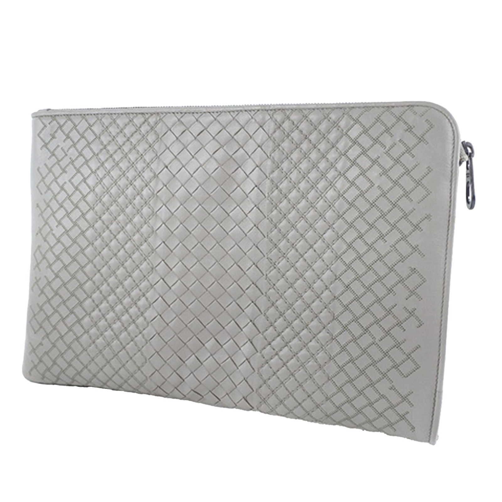 Gray Leather Woven Clutch by Bottega Veneta Nappa Intrecciato: Gray Leather Woven Clutch by Bottega Veneta Nappa Intrecciato This Bottega Veneta Nappa Intrecciato Clutch features a gray woven leather body with a top zip closure, an exterior zip pocket, and interi