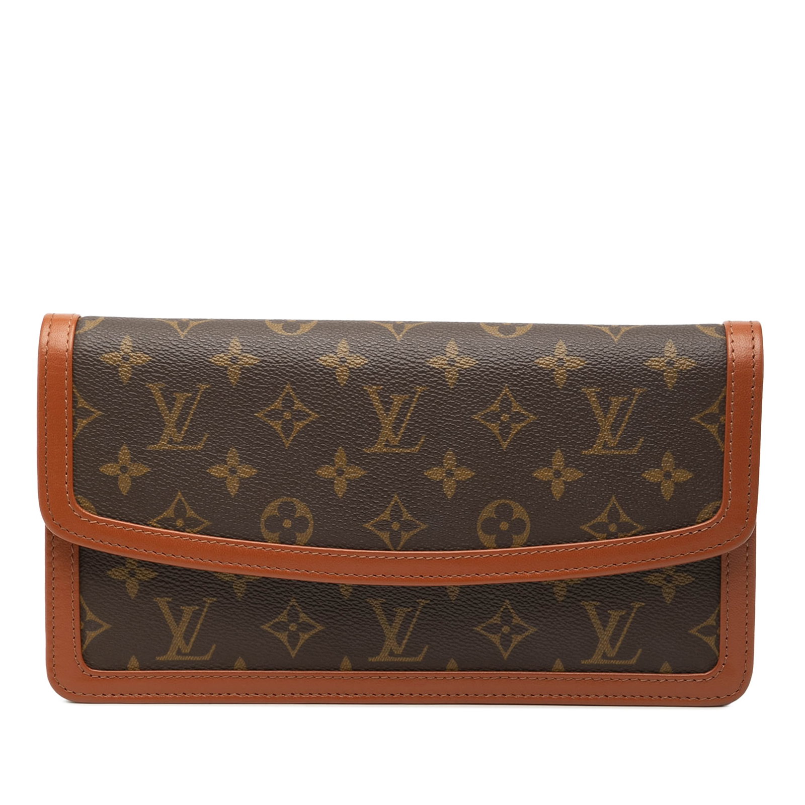Louis Vuitton Pochette Dame PM Monogram Canvas Clutch with Leather Trim: Louis Vuitton Pochette Dame PM Monogram Canvas Clutch with Leather Trim The Louis Vuitton Monogram Pochette Dame PM features a monogram canvas body with leather trim, a front flap secured by a magneti