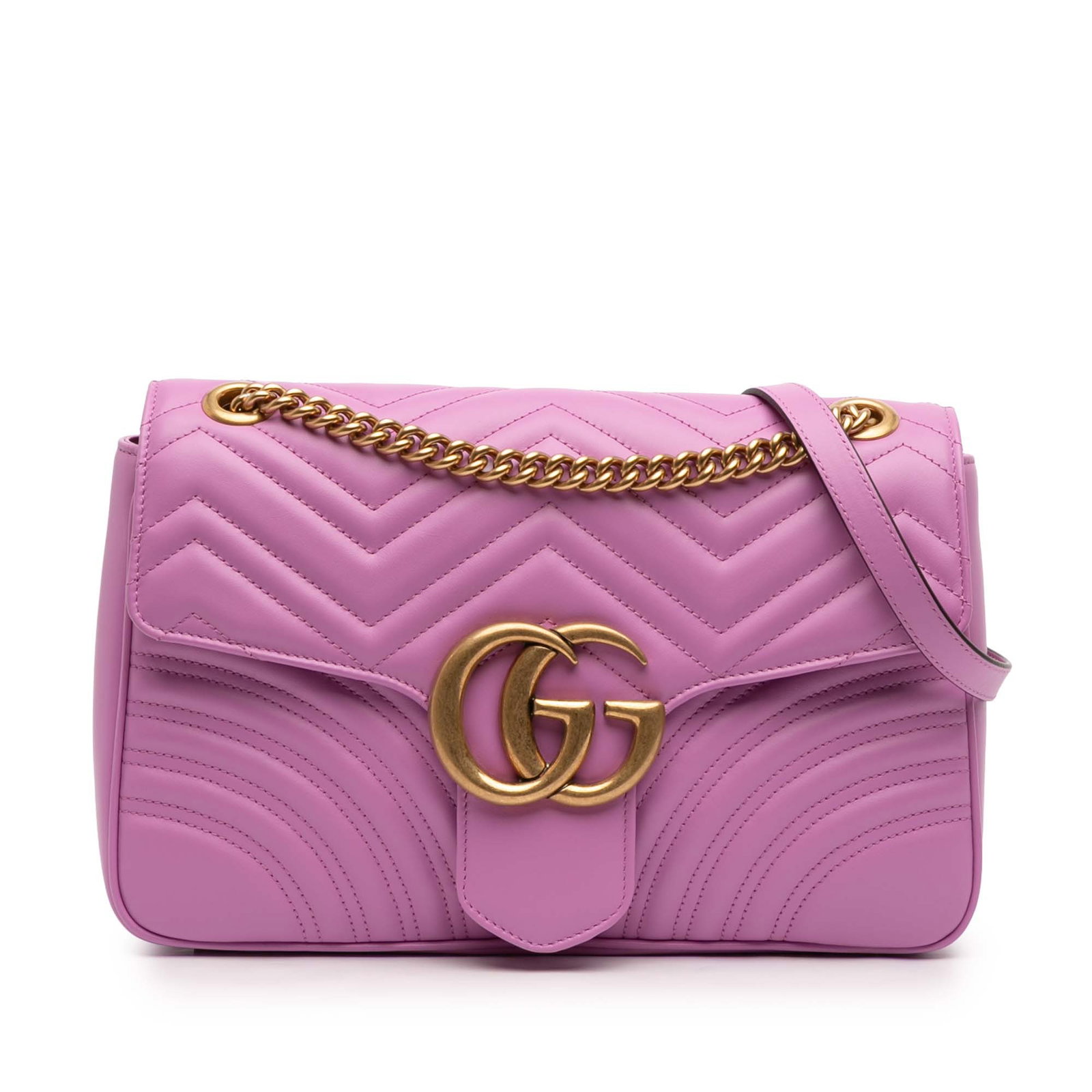 Pink Matelasse Leather Shoulder Bag by Gucci GG Marmont Collection: Pink Matelasse Leather Shoulder Bag by Gucci GG Marmont Collection This Gucci Large GG Marmont Matelasse Leather Shoulder Bag features a quilted leather body in pink, complemented by a chain link stra