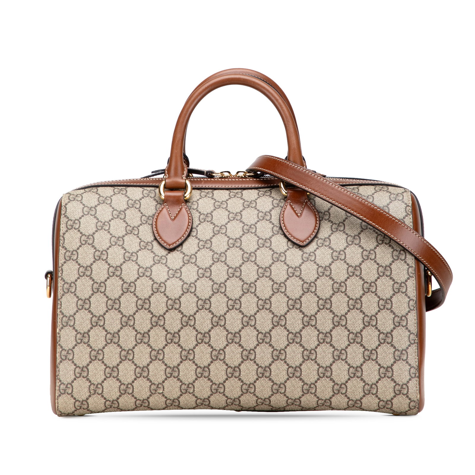 Gucci Medium GG Supreme Brown Satchel with Leather Trim: Gucci Medium GG Supreme Brown Satchel with Leather Trim This Gucci Medium GG Supreme Satchel is a stylish accessory crafted from coated canvas with elegant leather trim. The satchel features rolled le