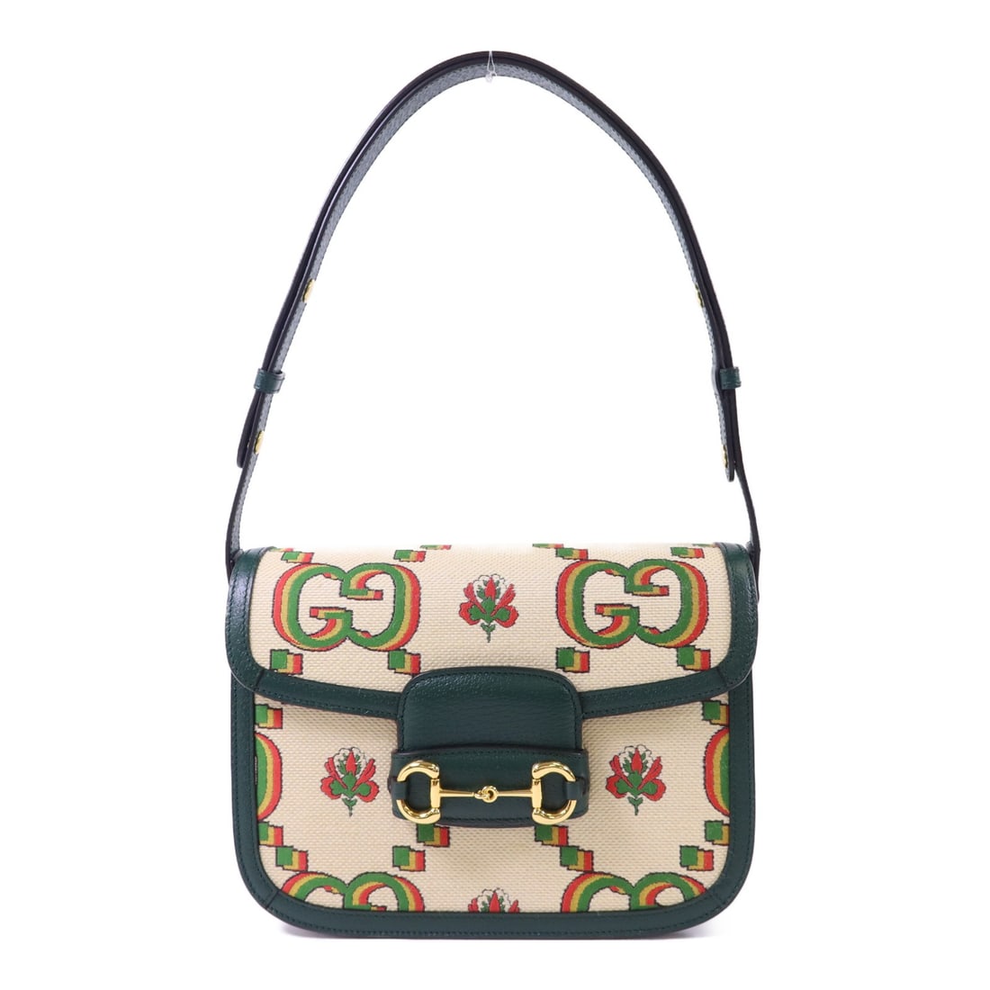 Gucci 1955 GG Horsebit Multicolor Canvas and Leather Medium Shoulder Bag: Gucci 1955 GG Horsebit Multicolor Canvas and Leather Medium Shoulder Bag This is a GUCCI GG Horsebit 1955 Medium Shoulder Bag crafted from multicolor canvas with leather accents. Made in Italy, it fea