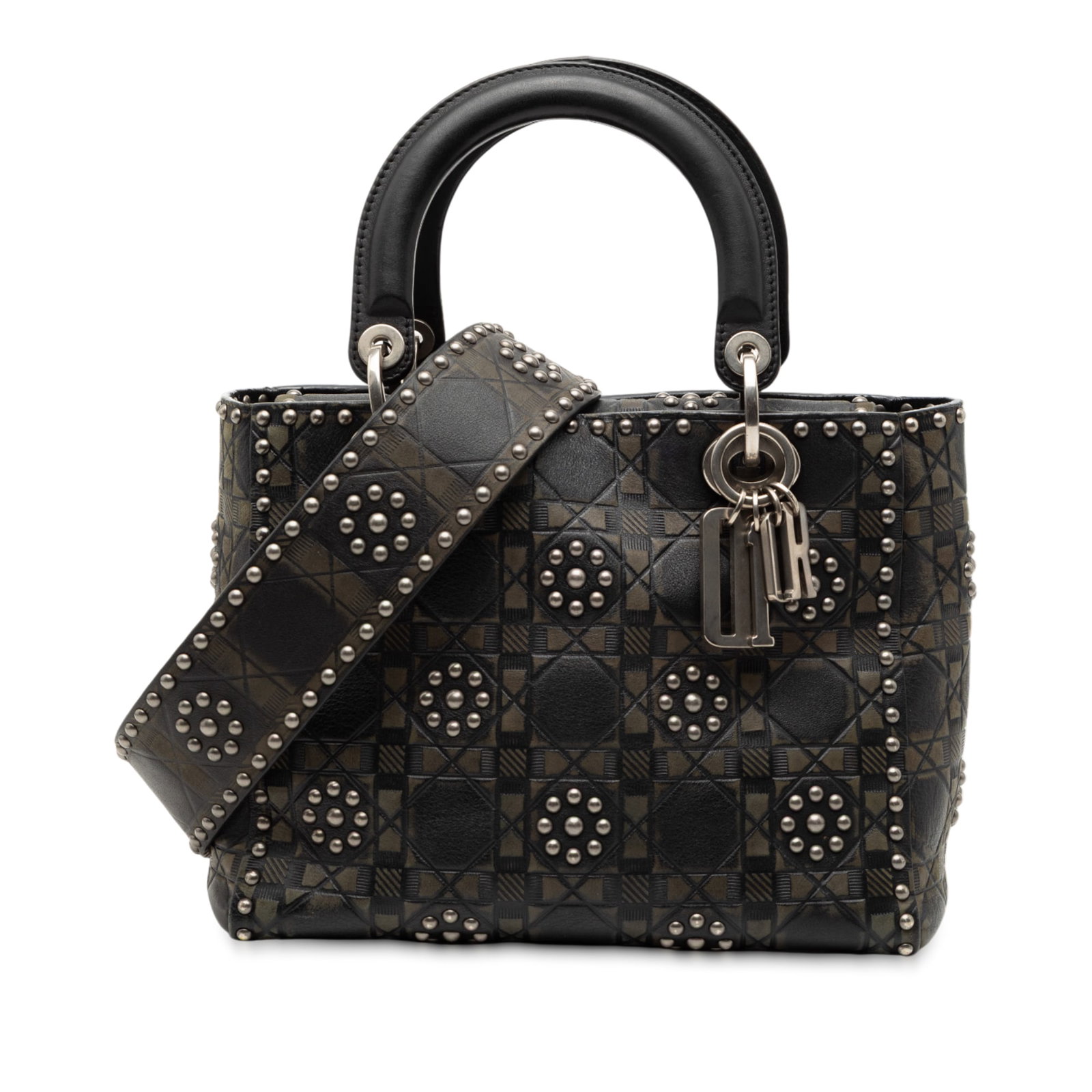 Dior Lady Dior Medium Black Calfskin Satchel with Studded Flower Embellishments: Dior Lady Dior Medium Black Calfskin Satchel with Studded Flower Embellishments This Lady Dior satchel features a black calfskin leather body with Cannage embossing and decorative flower studs. It is 