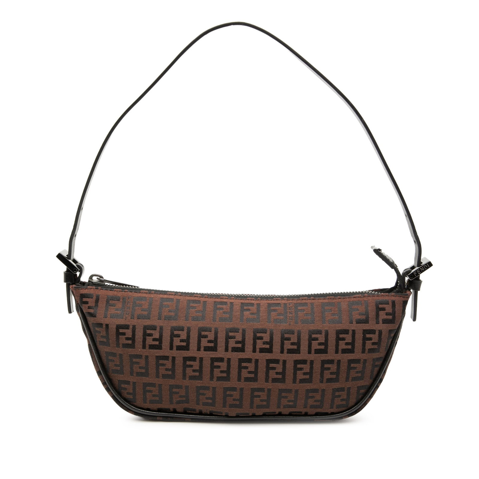 Fendi Brown Mini Zucchino Canvas Shoulder Purse with Leather Trim: Fendi Brown Mini Zucchino Canvas Shoulder Purse with Leather Trim This Fendi Mini Zucchino Canvas Shoulder Bag features a canvas body with leather trim, an adjustable flat leather strap, and a top zip