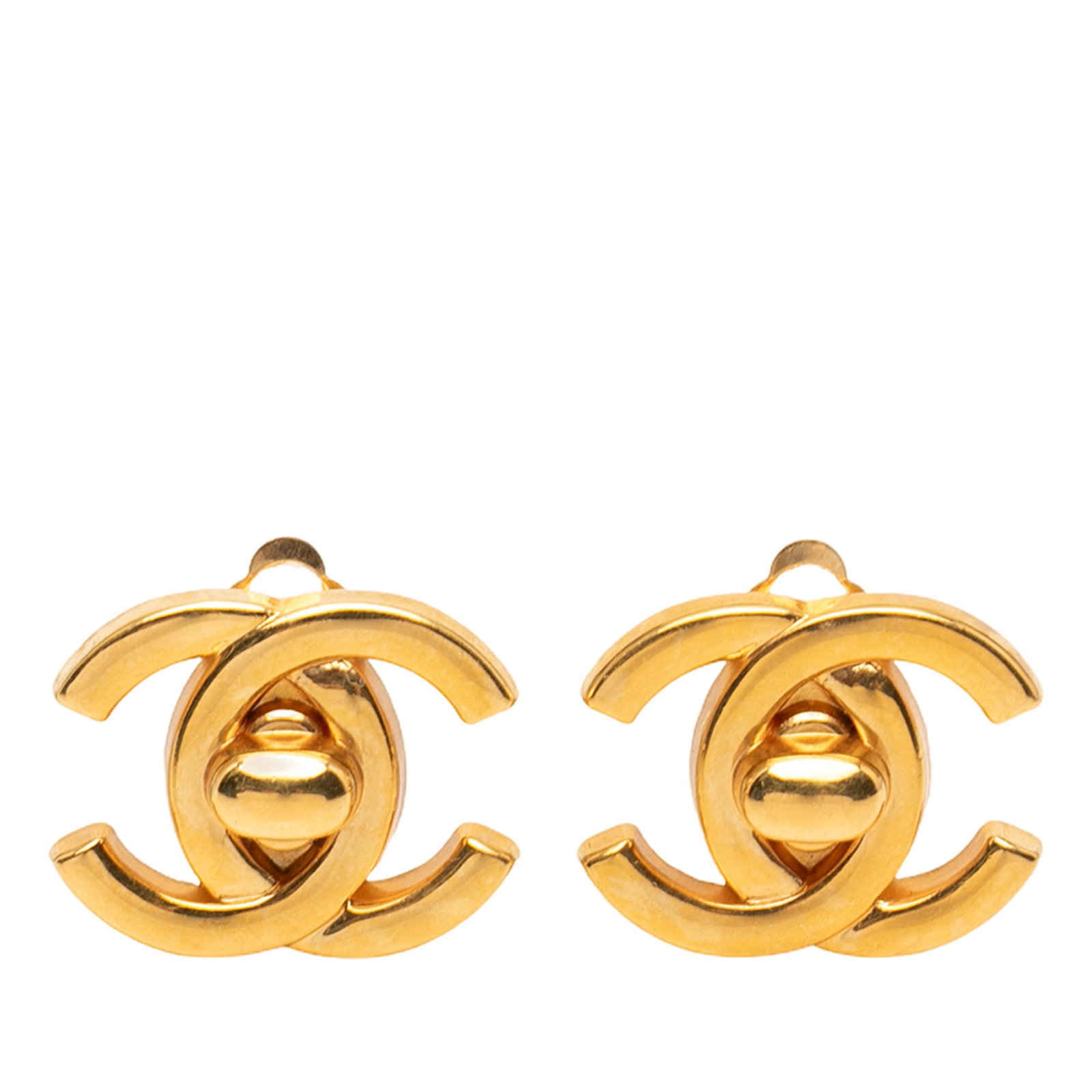 Chanel Metal Clip On Earrings with Gold Plated Turn Lock Detail: Chanel Metal Clip On Earrings with Gold Plated Turn Lock Detail These Chanel clip-on earrings feature the iconic CC motif with a gold plated metal construction and turn lock design. They are designed 