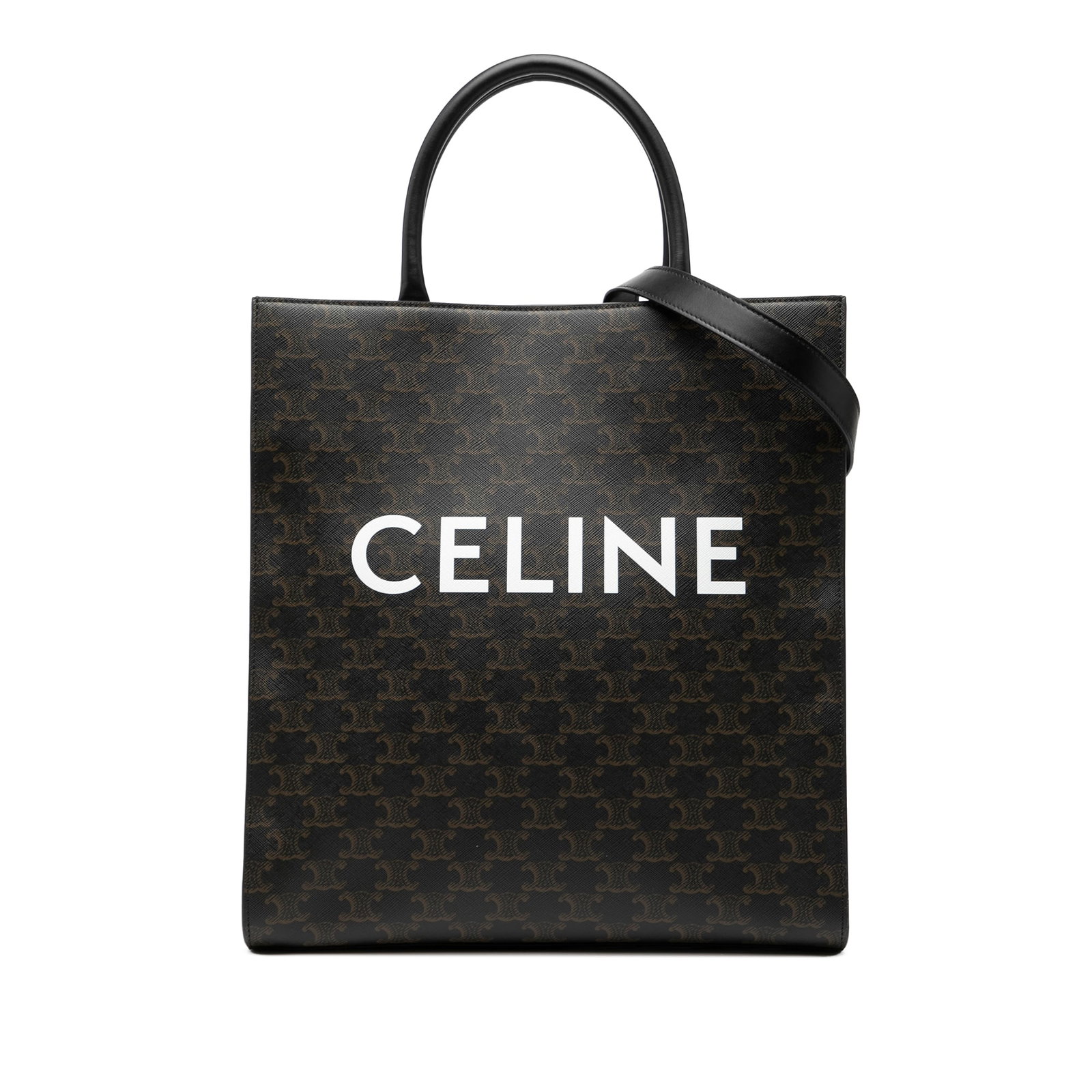 Celine Medium Triomphe Vertical Cabas Tote Bag with Coated Canvas: Celine Medium Triomphe Vertical Cabas Tote Bag with Coated Canvas This Celine Medium Triomphe Coated Canvas Vertical Cabas Tote features a coated canvas body with rolled leather handles and a detachab