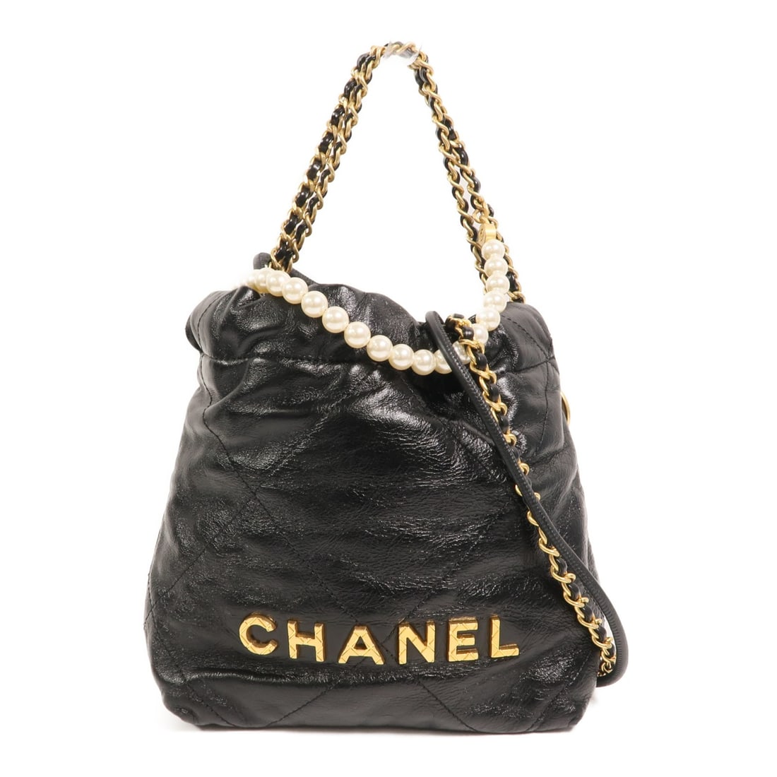 CHANEL 22 Mini Pearl CC Black Calfskin 2 Way Shoulder Bag: CHANEL 22 Mini Pearl CC Black Calfskin 2 Way Shoulder Bag This CHANEL 22 Mini Pearl 2-way shoulder bag features black calfskin leather and gold-tone hardware. Designed for versatility, it can be worn 
