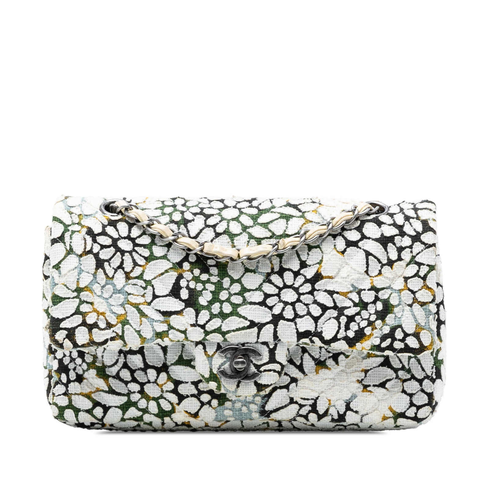Chanel Floral Tweed Medium Double Flap Shoulder Bag with Chevron Pattern: Chanel Floral Tweed Medium Double Flap Shoulder Bag with Chevron Pattern This Chanel Medium Classic Chevron Tweed Floral Double Flap bag features a floral print on a tweed fabric body with leather-wov