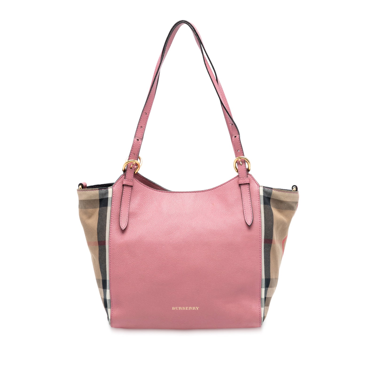Burberry Canterbury Tote Pink Leather with House Check Canvas Small: Burberry Canterbury Tote Pink Leather with House Check Canvas Small This Burberry Small Leather and House Check Canvas Canterbury Tote features a pink leather body with iconic house check canvas side 