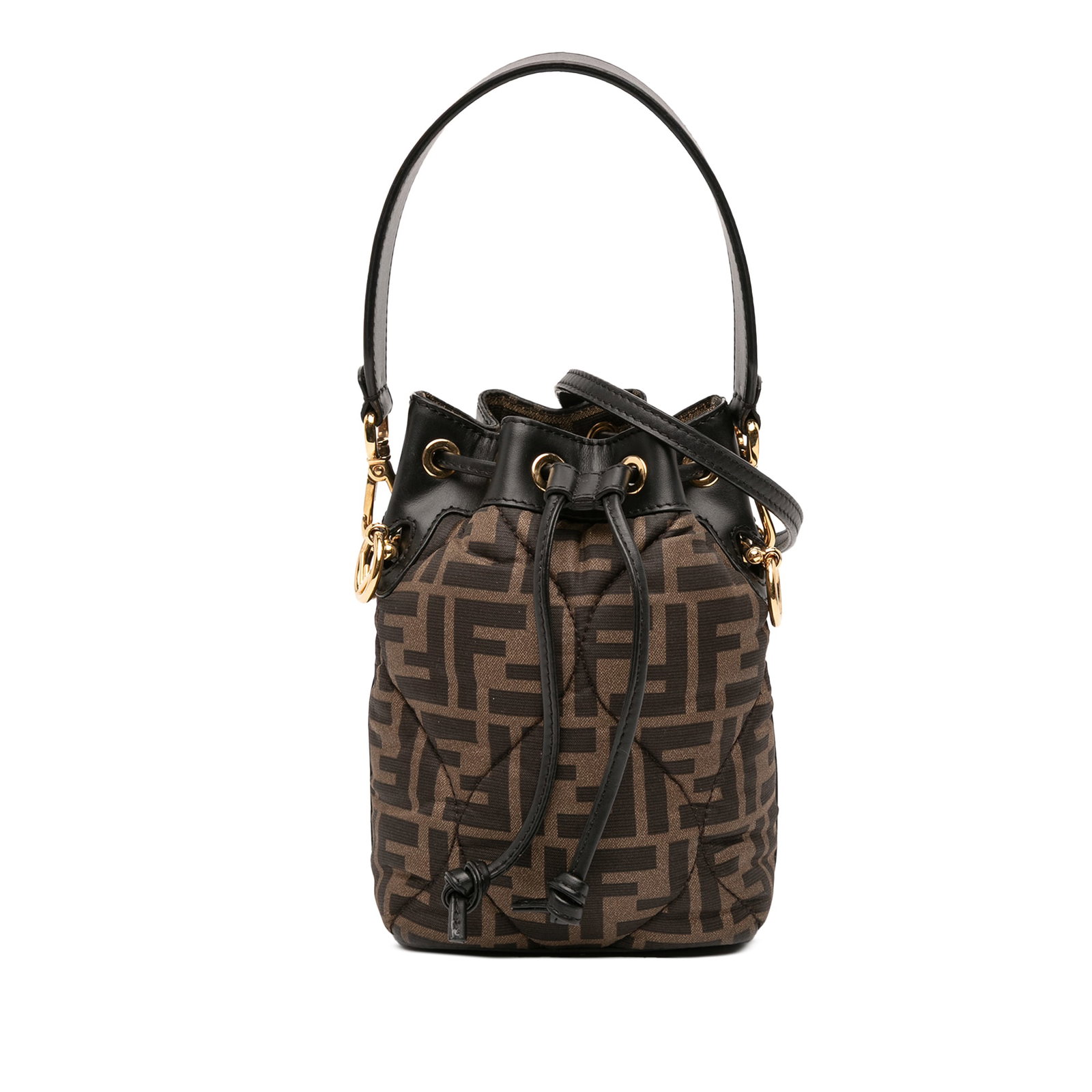 Fendi Mon Tresor Mini FF 1974 Silk Quilted Bucket Bag Brown: Fendi Mon Tresor Mini FF 1974 Silk Quilted Bucket Bag Brown This Fendi Mini Quilted Silk FF 1974 Mon Tresor Bucket Bag features a quilted silk body with leather trim, a flat leather top handle, and a 
