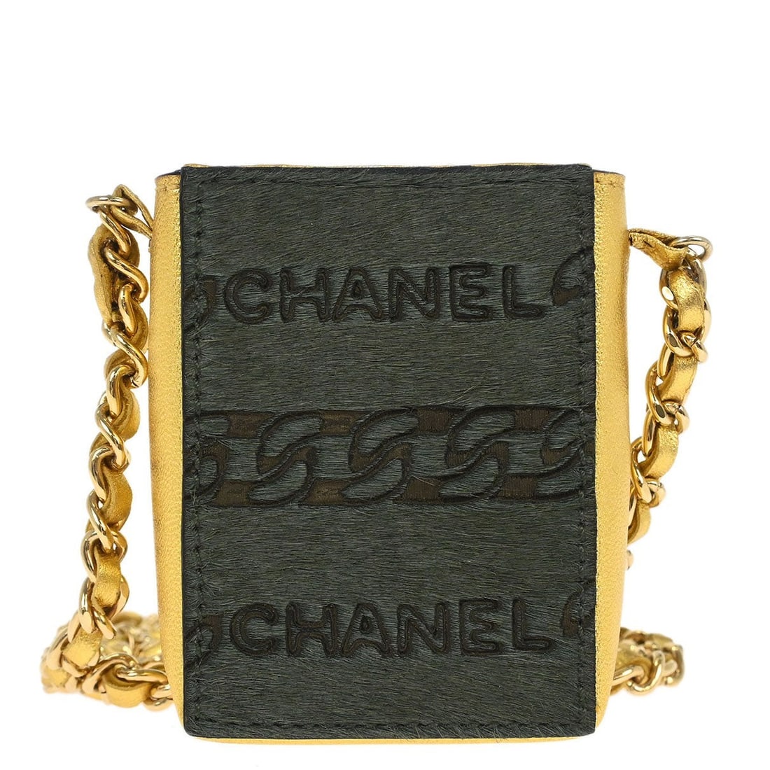 Chanel Pony Hair Green Micro Chain Shoulder Cigarette Case Bag: Chanel Pony Hair Green Micro Chain Shoulder Cigarette Case Bag This Chanel micro shoulder bag features a khaki green exterior crafted from pony hair and lambskin, accented by the signature Chanel logo