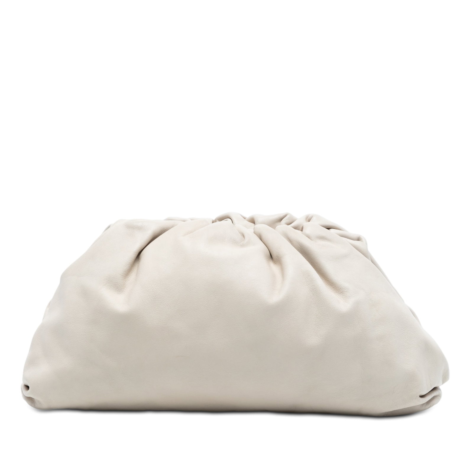 White Leather The Pouch Clutch by Bottega Veneta: White Leather The Pouch Clutch by Bottega Veneta This Bottega Veneta Lambskin The Pouch is crafted from supple white leather and features a distinctive gathered silhouette with a magnetic closure. The