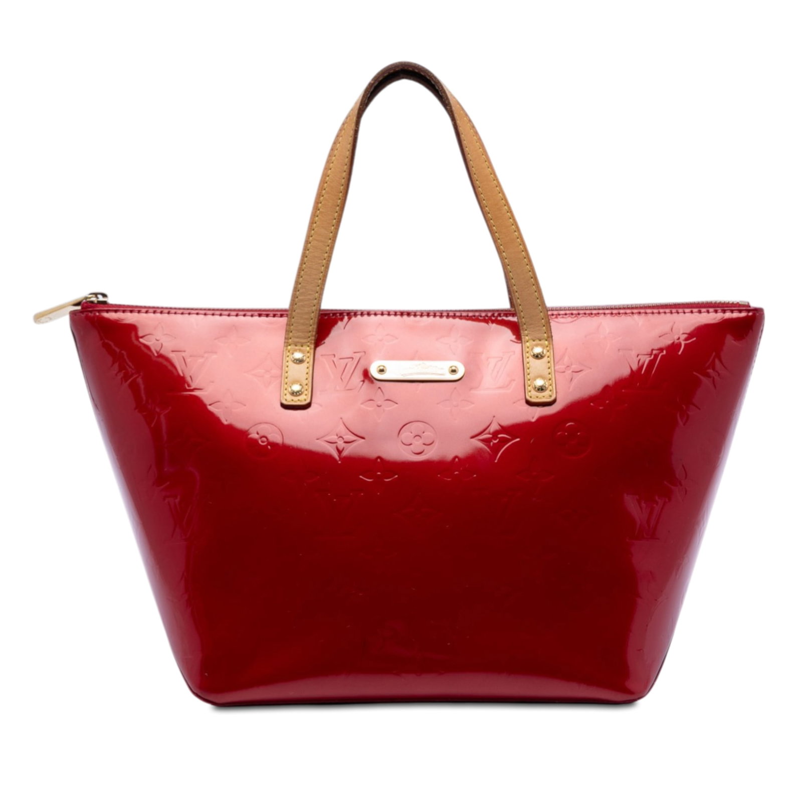 Red Monogram Vernis Bellevue PM Leather Shoulder Bag by Louis Vuitton: Red Monogram Vernis Bellevue PM Leather Shoulder Bag by Louis Vuitton This Louis Vuitton Monogram Vernis Bellevue PM features a striking red monogram vernis leather body with flat vachetta leather han