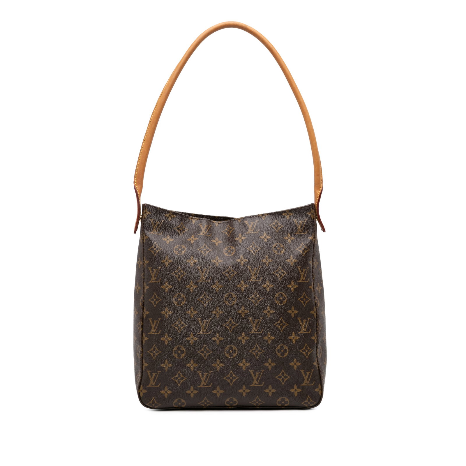 Brown Monogram Canvas Looping GM Shoulder Bag by Louis Vuitton: Brown Monogram Canvas Looping GM Shoulder Bag by Louis Vuitton The Louis Vuitton Monogram Looping GM features a monogram canvas body, a rolled vachetta leather shoulder strap, a top zip closure, and i