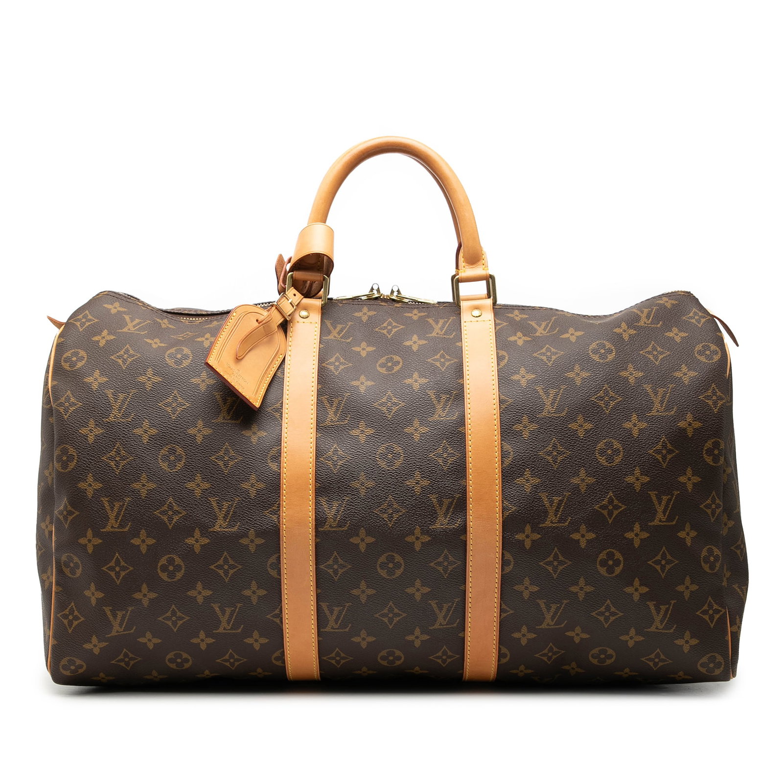 Louis Vuitton Keepall 50 Monogram Canvas Travel Bag with Leather Trim: Louis Vuitton Keepall 50 Monogram Canvas Travel Bag with Leather Trim The Louis Vuitton Monogram Keepall 50 is crafted from iconic monogram canvas with vachetta leather trim and rolled vachetta leathe