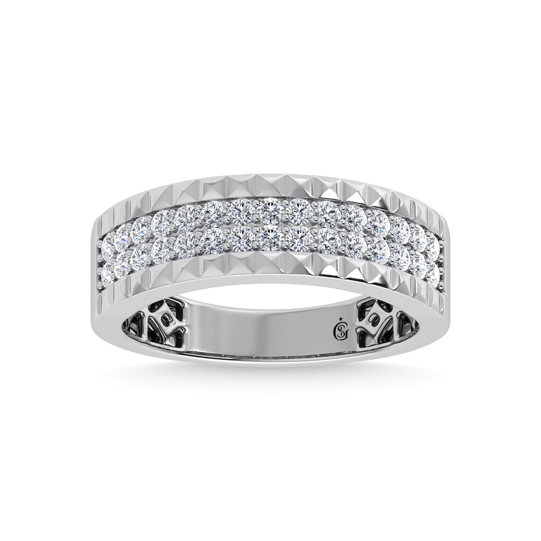 14K White Gold Diamond 1/2 Ct.Tw. Mens Band: 14K White Gold Diamond 1/2 Ct.Tw. Mens Band 14k White Gold Stone Color: G-h Stone Clarity: I1-i2 Each ring is presented in standard size 6.5. Complimentary resizing is available between sizes 510 (in 