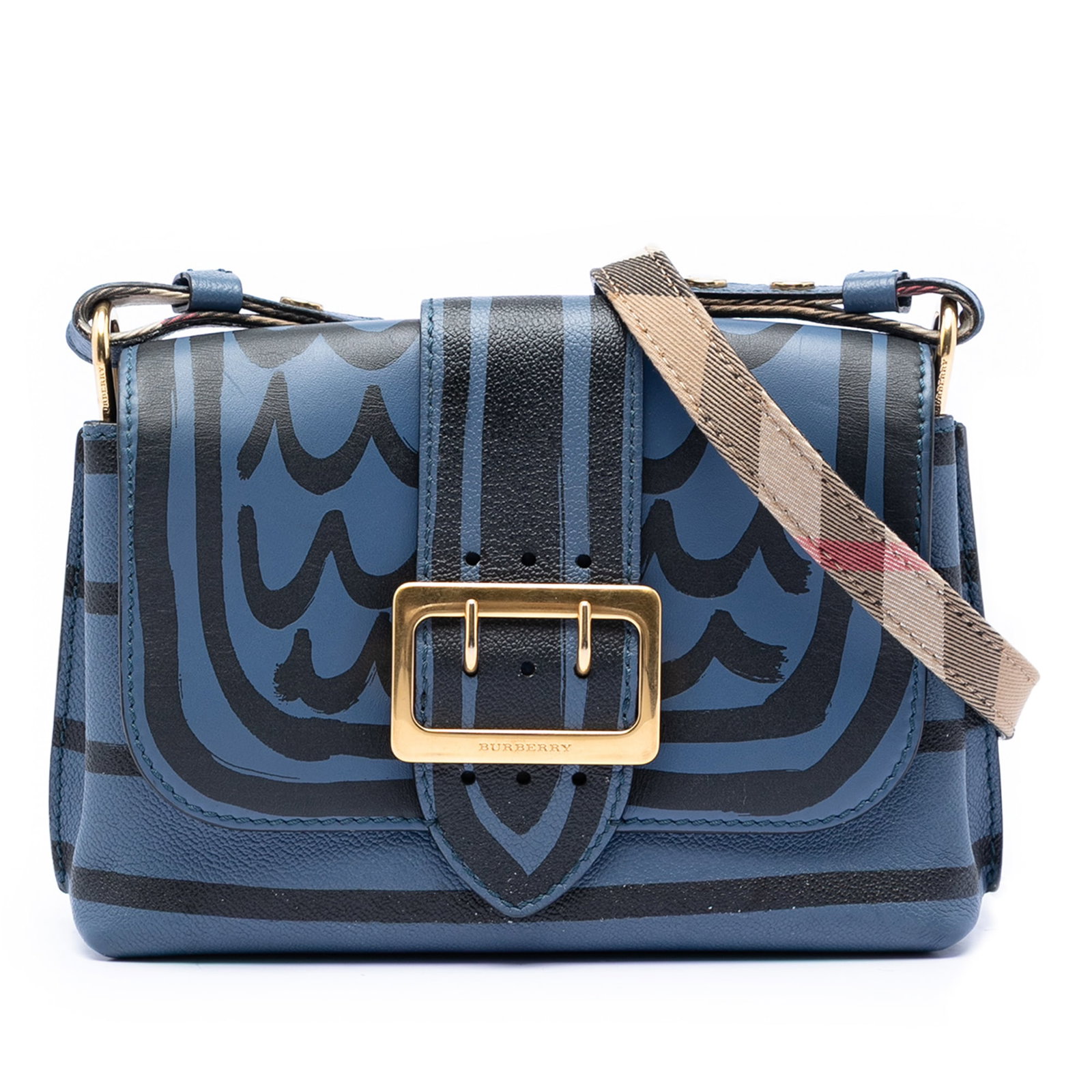 Burberry Medley Buckle Crossbody Bag in Printed Leather Small Blue: Burberry Medley Buckle Crossbody Bag in Printed Leather Small Blue This Burberry Small Printed Leather Medley Buckle Crossbody bag features a blue printed leather exterior, a flat shoulder strap, a fr