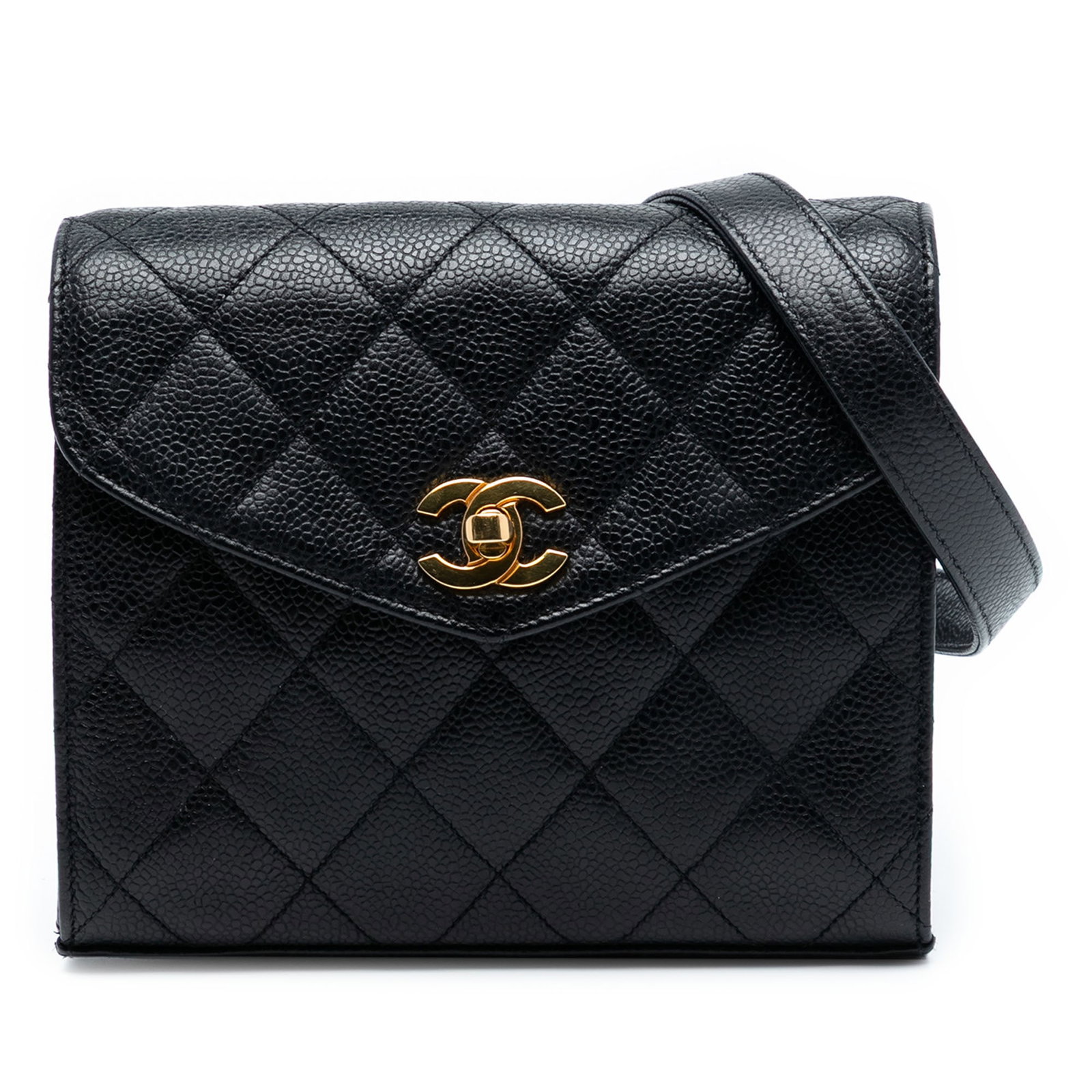 Chanel Mini Envelope Flap Bag Black Quilted Caviar Leather Crossbody: Chanel Mini Envelope Flap Bag Black Quilted Caviar Leather Crossbody This Chanel Mini CC Quilted Caviar Envelope Flap crossbody bag features a quilted caviar leather body in black, a flat leather stra
