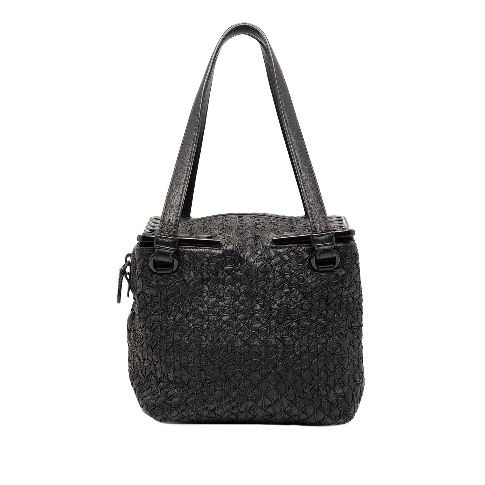 Bottega Veneta Black Nappa Leather Intrecciato Square Bag: Bottega Veneta Black Nappa Leather Intrecciato Square Bag This Bottega Veneta Nappa Intrecciato Square Handbag features a black nappa leather body with the signature intrecciato weave design. It is eq