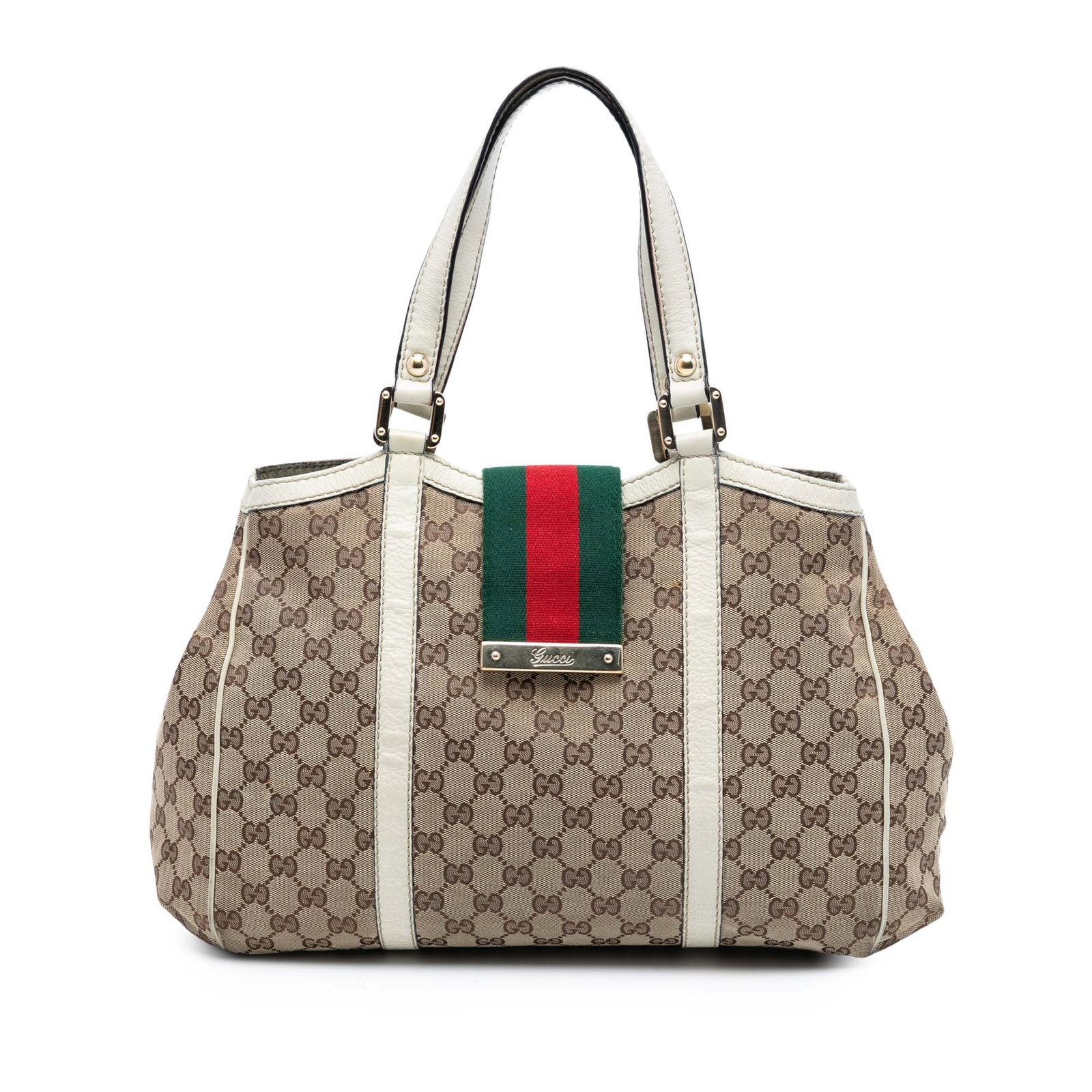 Gucci GG Canvas Web Tote Bag with Leather Trim: Gucci GG Canvas Web Tote Bag with Leather Trim This Gucci GG Canvas Web Ladies Tote features a canvas body with leather trim and flat leather straps. The open top is secured with a web strap and magne