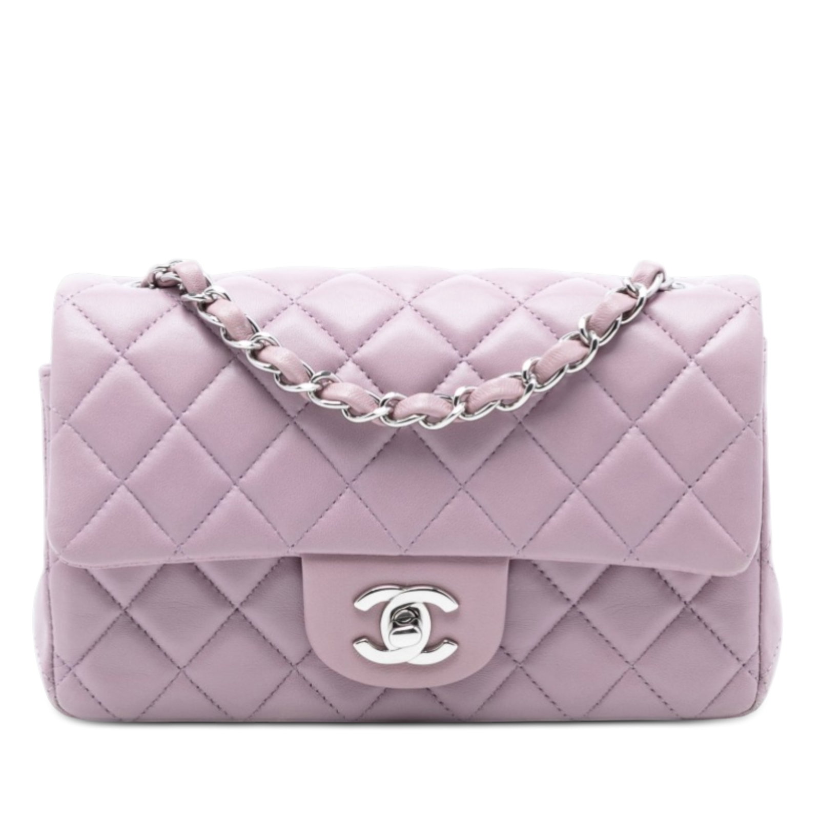 Chanel Purple Mini Rectangular Quilted Lambskin Single Flap Bag: Chanel Purple Mini Rectangular Quilted Lambskin Single Flap Bag This Chanel Mini Rectangular Classic Single Flap bag features a quilted lambskin leather body in purple, a leather-woven chain strap, a 