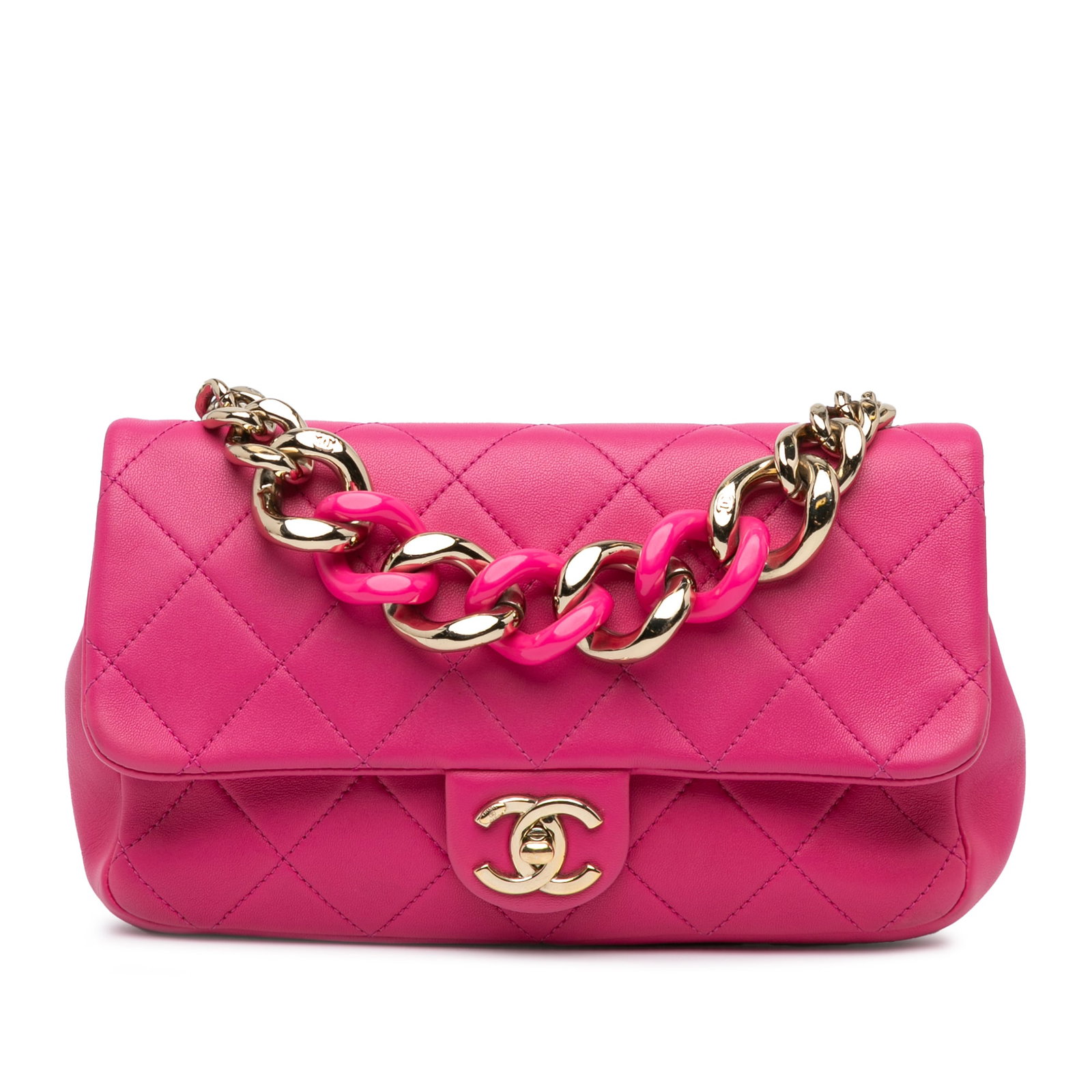 Chanel Small Pink Lambskin Elegant Chain Flap Bag: Chanel Small Pink Lambskin Elegant Chain Flap Bag This Chanel Small Lambskin Elegant Chain Single Flap satchel is crafted from luxurious quilted lambskin leather, featuring an elegant leather-woven ch