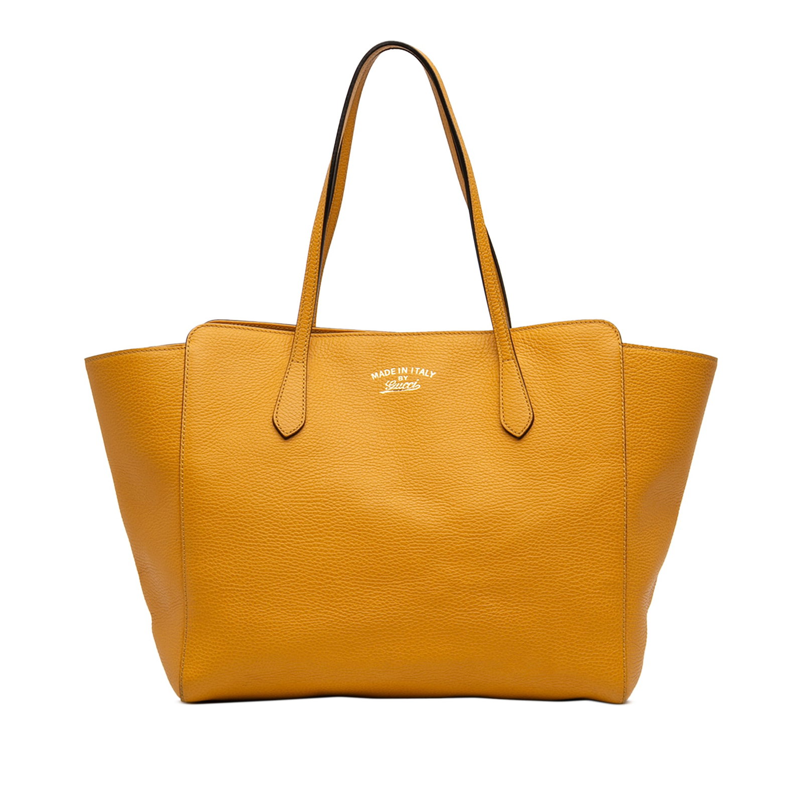 Gucci Swing Tote Medium Yellow Leather Shoulder Bag Italy: Gucci Swing Tote Medium Yellow Leather Shoulder Bag Italy This Gucci Medium Leather Swing Tote showcases a yellow leather exterior with flat leather shoulder straps and an open top secured by a magnet