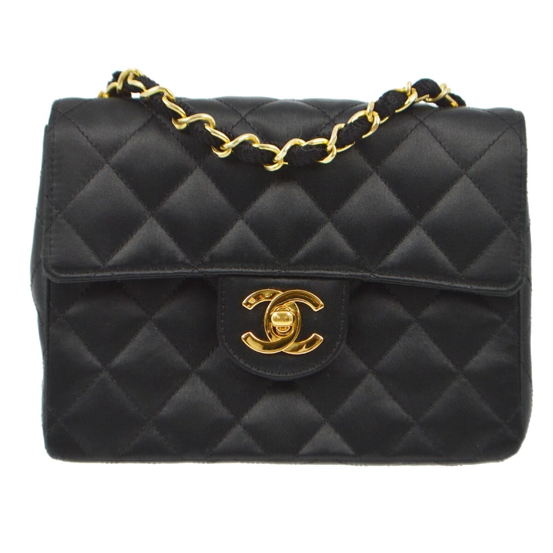 Chanel Mini Classic Square Flap Black Satin Shoulder Bag 20in Strap: Chanel Mini Classic Square Flap Black Satin Shoulder Bag 20in Strap Introducing the Chanel Black Satin Mini Classic Square Flap Shoulder Bag, a timeless accessory that perfectly combines elegance and 