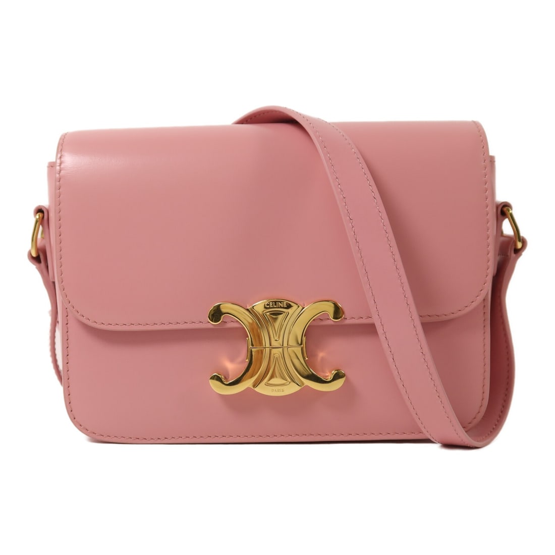 Celine Teen Triomphe Pink Calfskin Leather Shoulder Bag with Gold Hardware: Celine Teen Triomphe Pink Calfskin Leather Shoulder Bag with Gold Hardware This CELINE Teen Triomphe shoulder bag is crafted from pink calfskin leather and designed for women. It features a structured