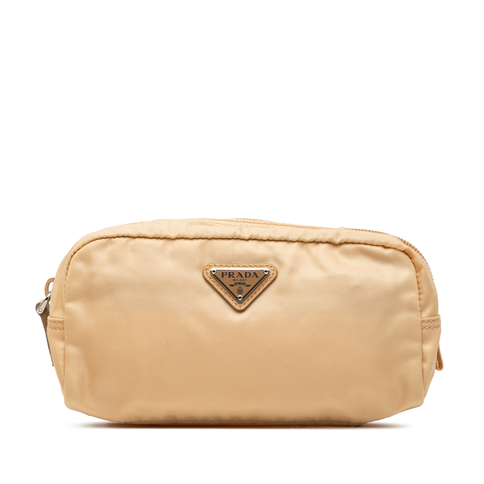 Prada Tessuto Beige Nylon Zippered Makeup Bag: Prada Tessuto Beige Nylon Zippered Makeup Bag This Prada Tessuto cosmetic pouch is crafted from beige nylon fabric and features a top zip closure. Made in Italy, this pouch is designed for organizing 