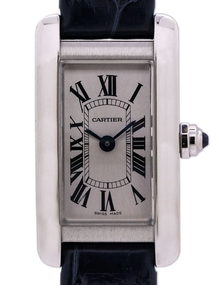 Tank Americane Ref 4056 Ladies Watch Silver Roman Dial Leather Band with Card: Tank Americane Ref 4056 Ladies Watch Silver Roman Dial Leather Band with Card This Cartier Tank Americaine watch features a silver Roman numeral dial complemented by a leather bracelet. Designed for l