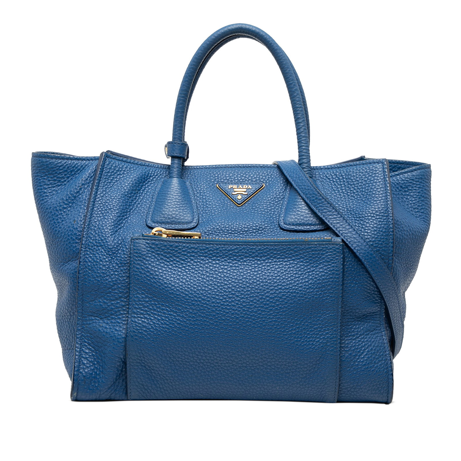 Prada Vitello Daino Blue Leather Convertible Satchel with Front Zip Pocket: Prada Vitello Daino Blue Leather Convertible Satchel with Front Zip Pocket This Prada Vitello Daino Front Pocket Open Convertible Tote is crafted from blue leather and features rolled leather handles,