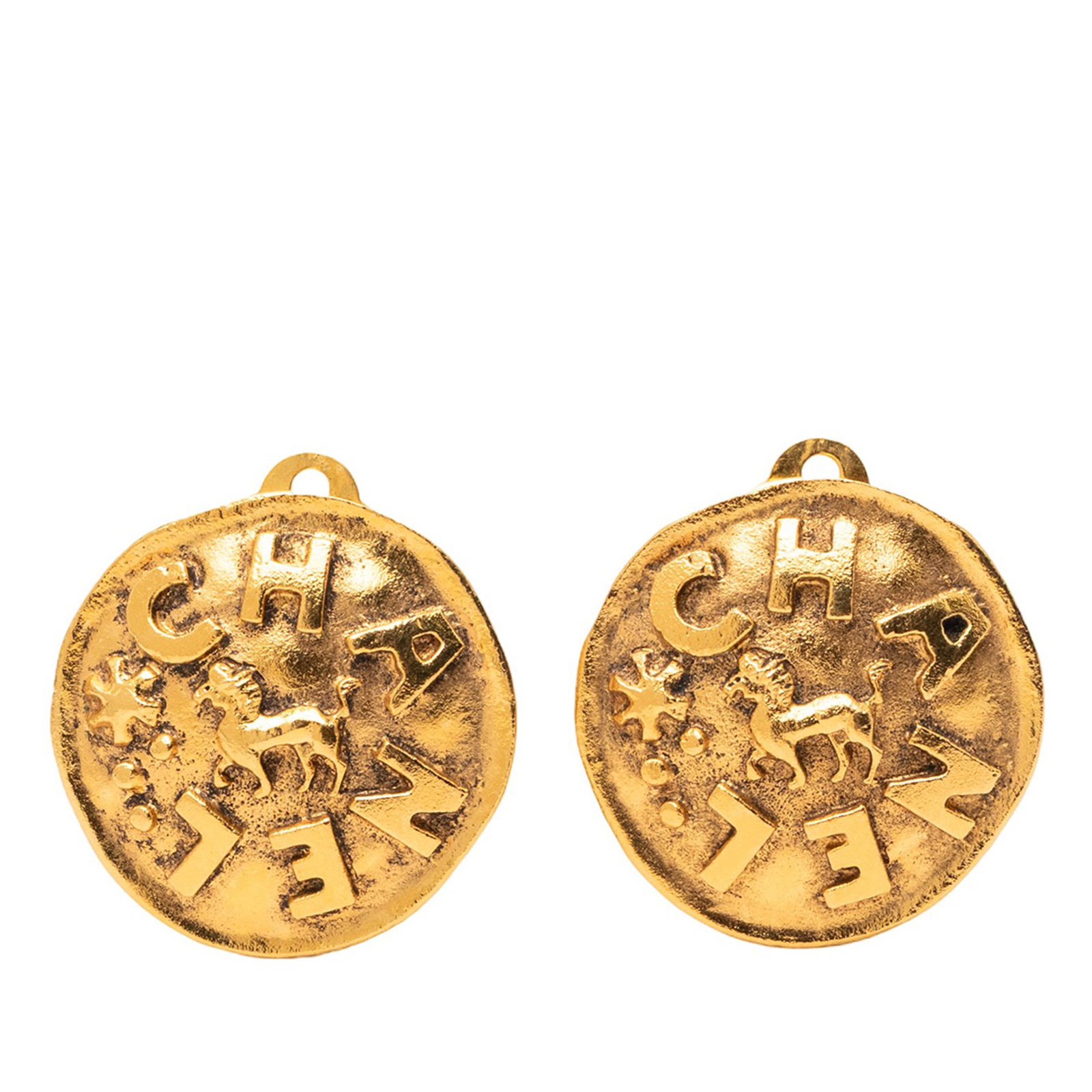 Chanel Lion Motif Gold Tone Clip Earrings with Logo: Chanel Lion Motif Gold Tone Clip Earrings with Logo These Chanel clip-on earrings feature a gold-plated metal design with the brand's iconic logo and lion motif. Crafted in France, these costume earri
