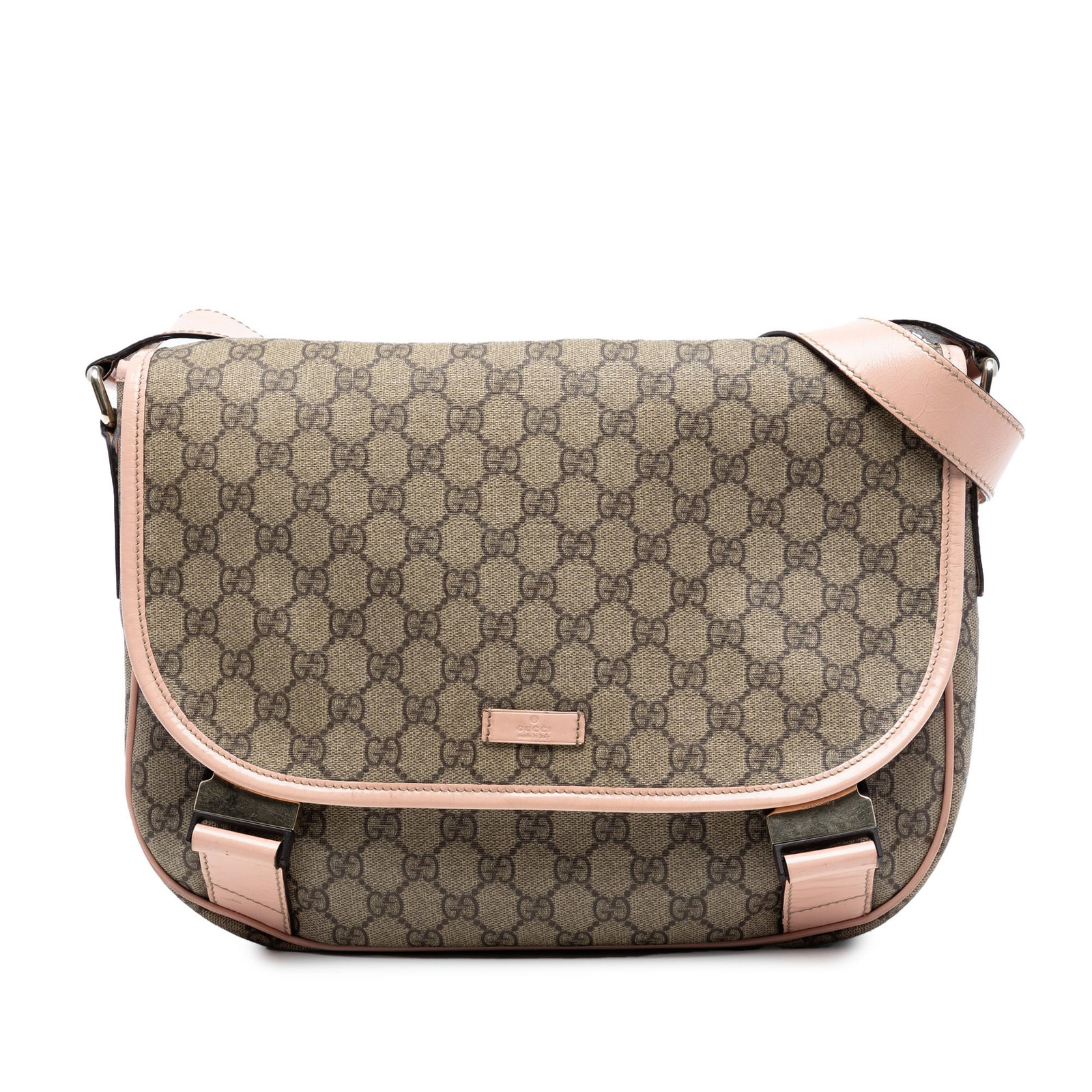 Gucci GG Supreme Beige Coated Canvas Crossbody Bag with Leather Trim: Gucci GG Supreme Beige Coated Canvas Crossbody Bag with Leather Trim This Gucci GG Supreme Crossbody bag features a coated canvas body with leather trim, an adjustable flat leather strap, a top flap w