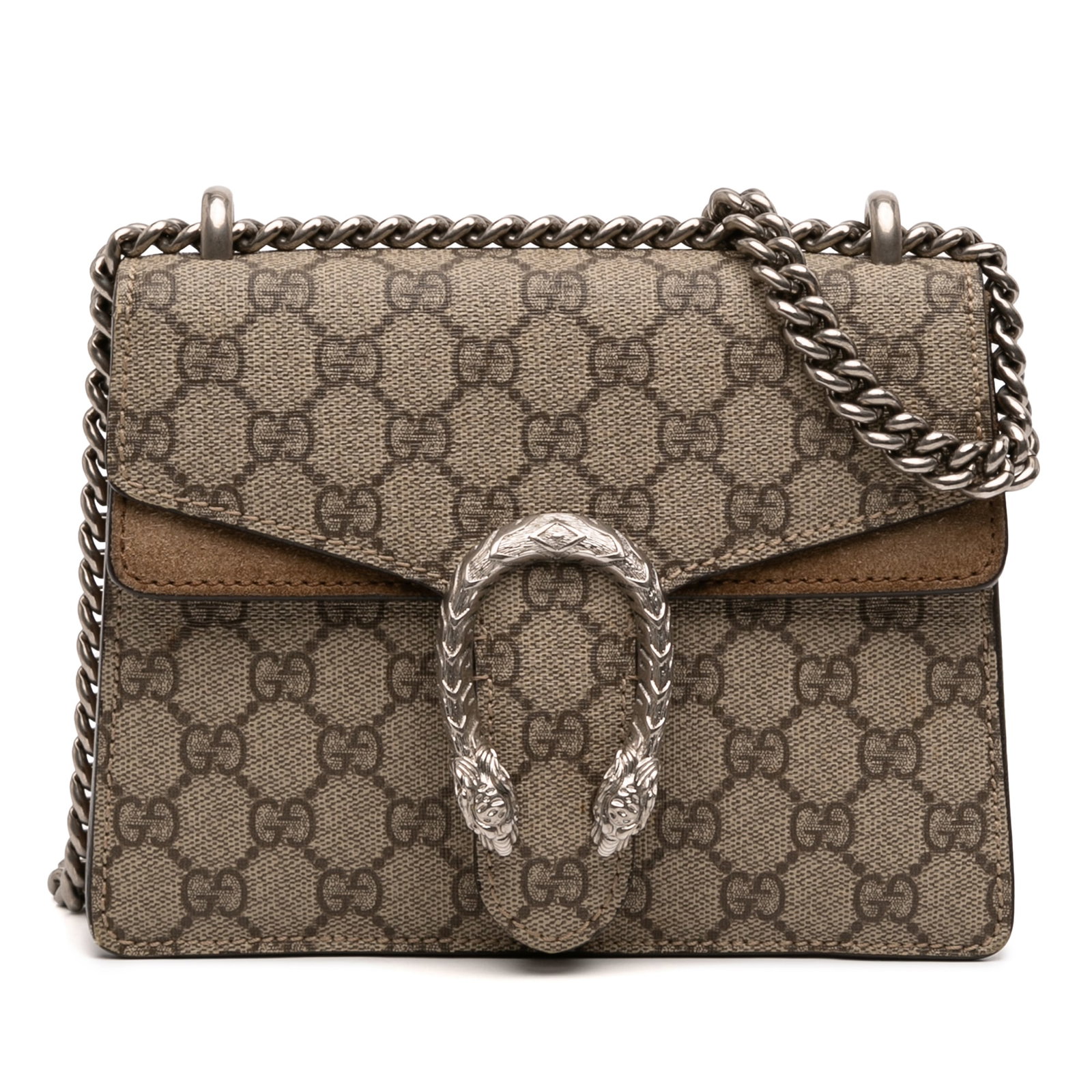 Gucci Dionysus Small GG Supreme Canvas Chain Crossbody Bag: Gucci Dionysus Small GG Supreme Canvas Chain Crossbody Bag This Gucci Small GG Supreme Dionysus Crossbody bag features a coated canvas body with suede leather trim, a silver-tone chain strap, a top fl