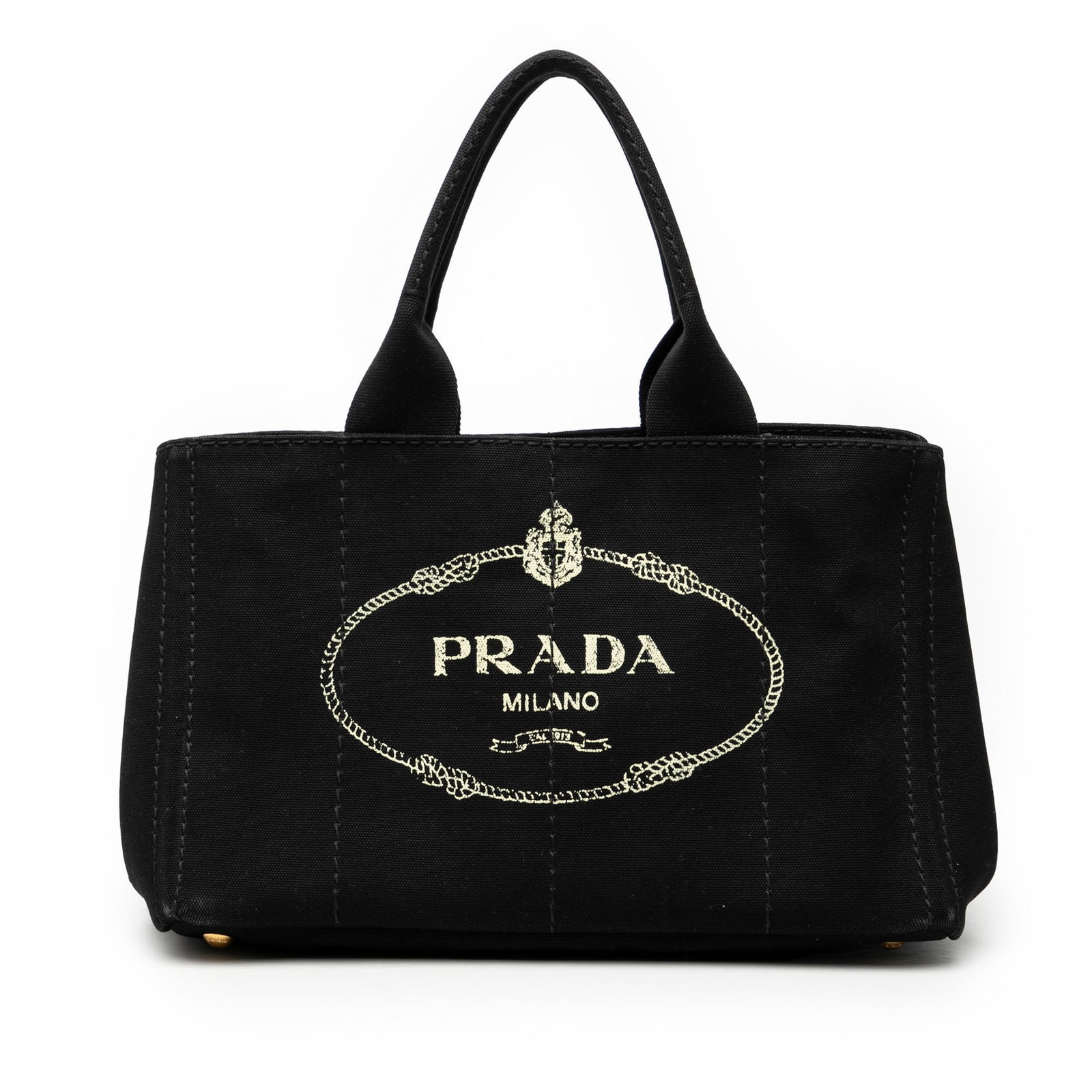 Black Fabric Satchel by Prada Canapa with Logo Detailing: Black Fabric Satchel by Prada Canapa with Logo Detailing This Prada Canvas Canapa Logo Satchel features a black canvas body with rolled handles, an open top, and interior zip and slip pockets. Notable