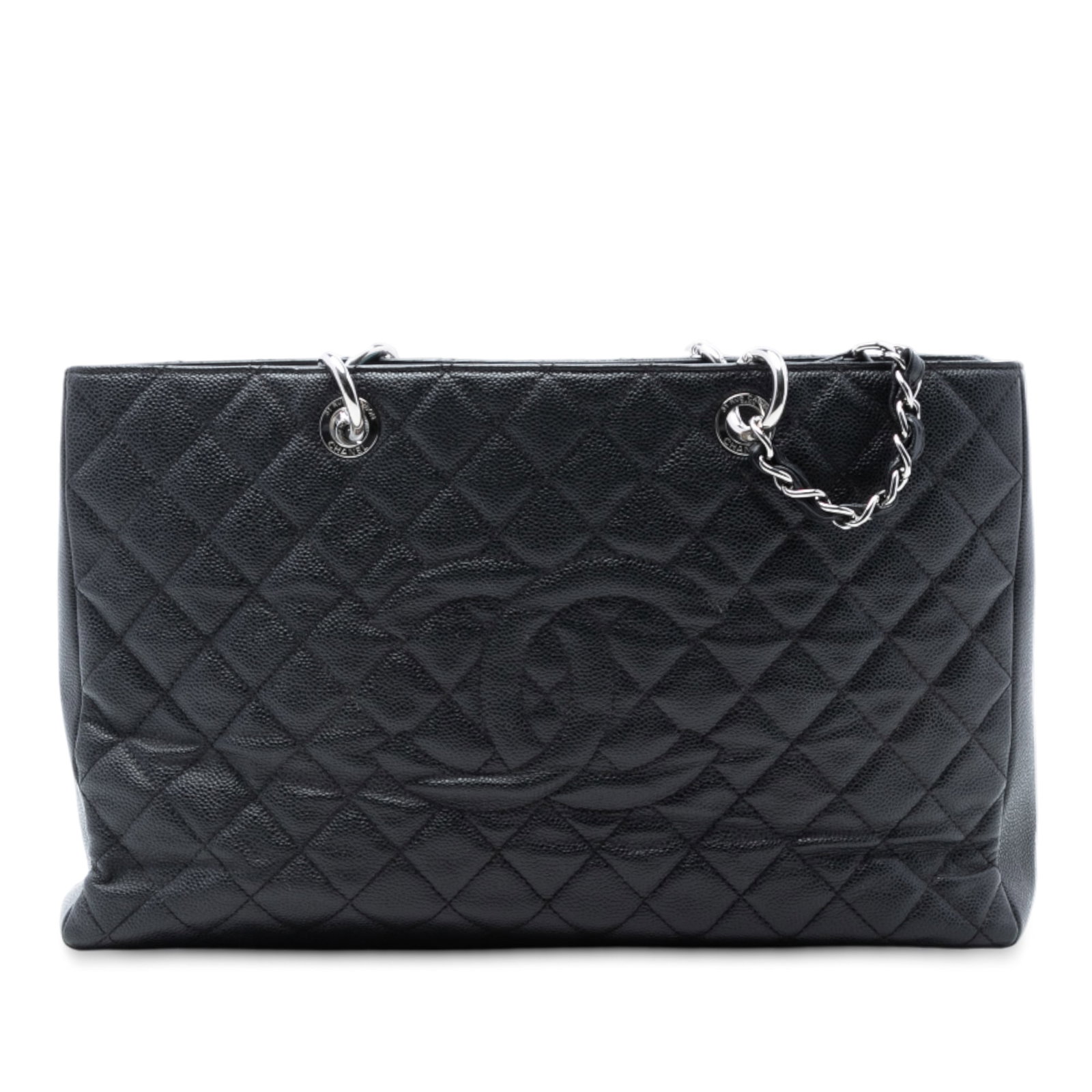 Black Leather Chanel Grand Shopping Tote XL with Chain Straps: Black Leather Chanel Grand Shopping Tote XL with Chain Straps This Chanel Caviar Grand Shopping Tote XL is crafted from black caviar leather and features a back exterior slip pocket, curb chain straps