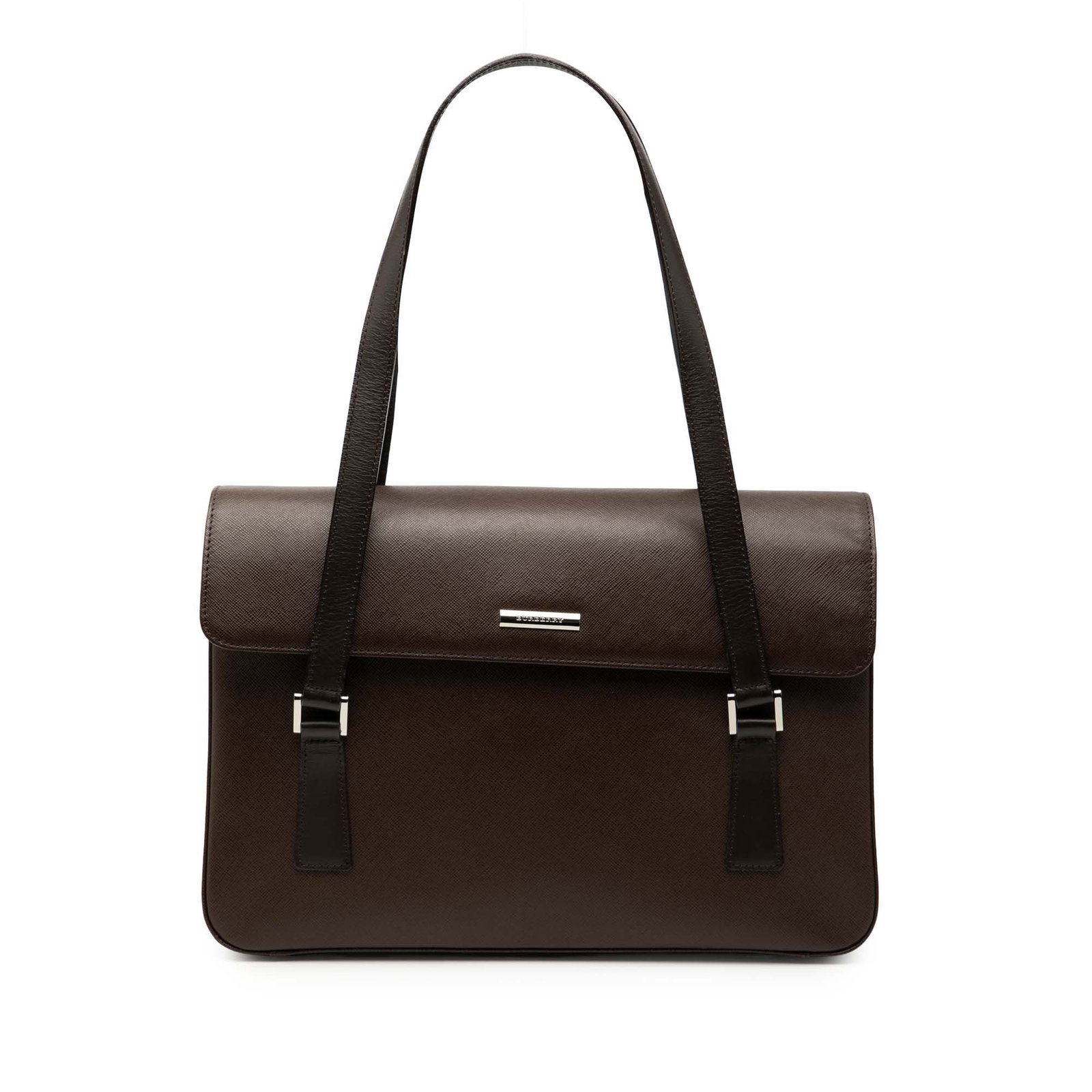 Brown Leather Shoulder Bag by Burberry with Flap Magnetic Closure: Brown Leather Shoulder Bag by Burberry with Flap Magnetic Closure This Burberry shoulder bag features a brown leather body with flat shoulder straps and a flap secured by a magnetic snap closure. The 