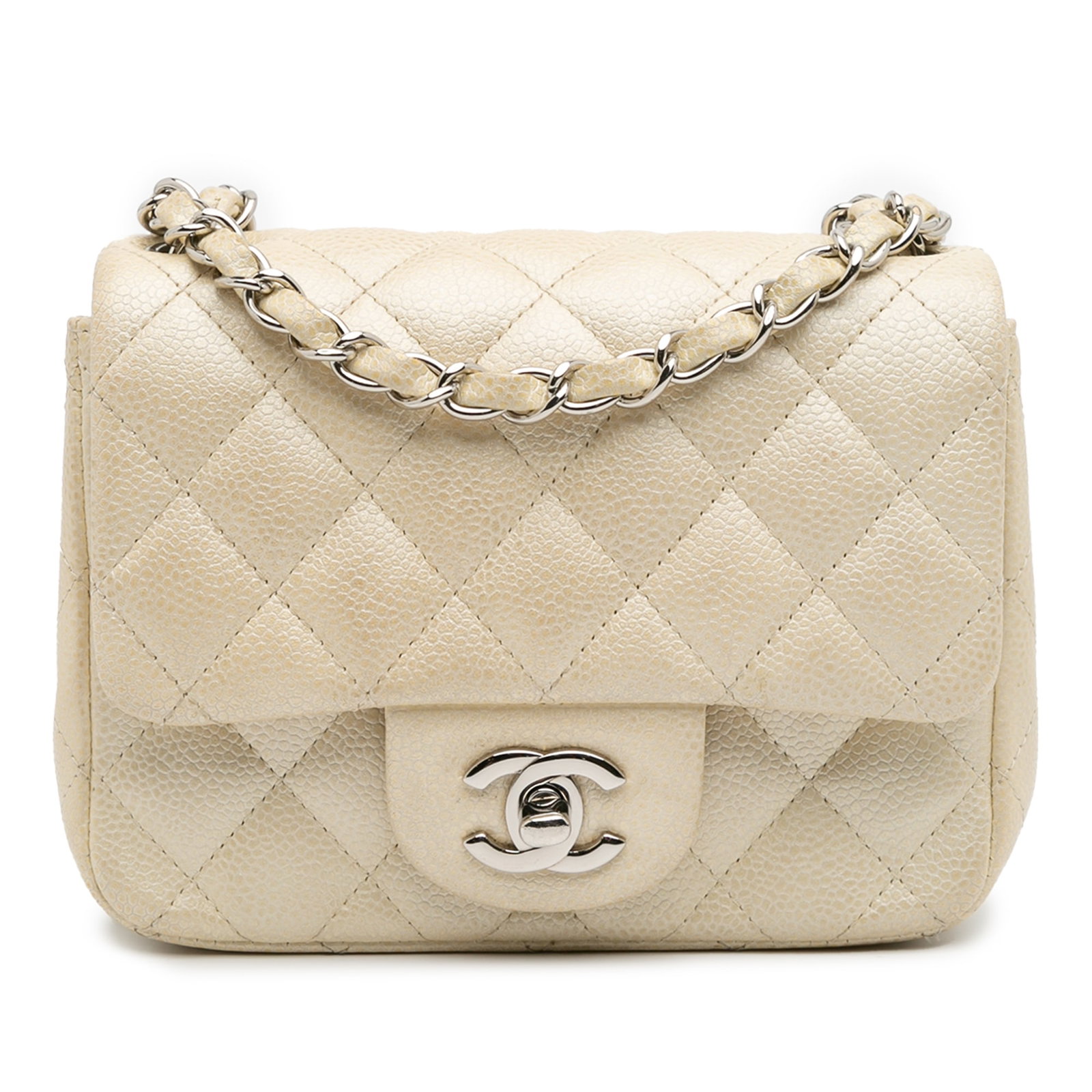 Chanel Mini Square Classic Caviar Single Flap Bag Gold Leather: Chanel Mini Square Classic Caviar Single Flap Bag Gold Leather The Chanel Mini Square Classic Caviar Single Flap is a stylish and sophisticated handbag crafted from quilted caviar leather. It features