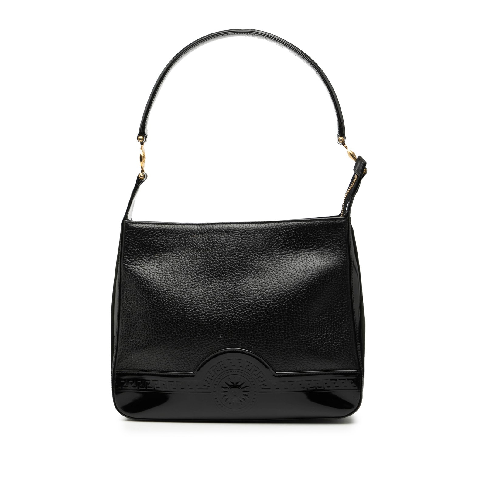 Black Leather Versace Medusa Shoulder Bag with Patent Trim: Black Leather Versace Medusa Shoulder Bag with Patent Trim This Versace Leather Medusa Shoulder Bag features a black leather body with patent leather trim, a flat leather strap, top zip closure, an ex
