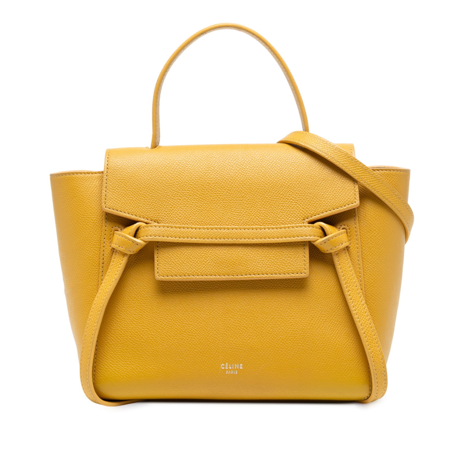 Celine Nano Grained Calfskin Belt Bag Yellow Leather Italy: Celine Nano Grained Calfskin Belt Bag Yellow Leather Italy This Celine Nano Grained Calfskin Belt Bag is a stylish and functional accessory crafted from high-quality leather. It features a flat leathe