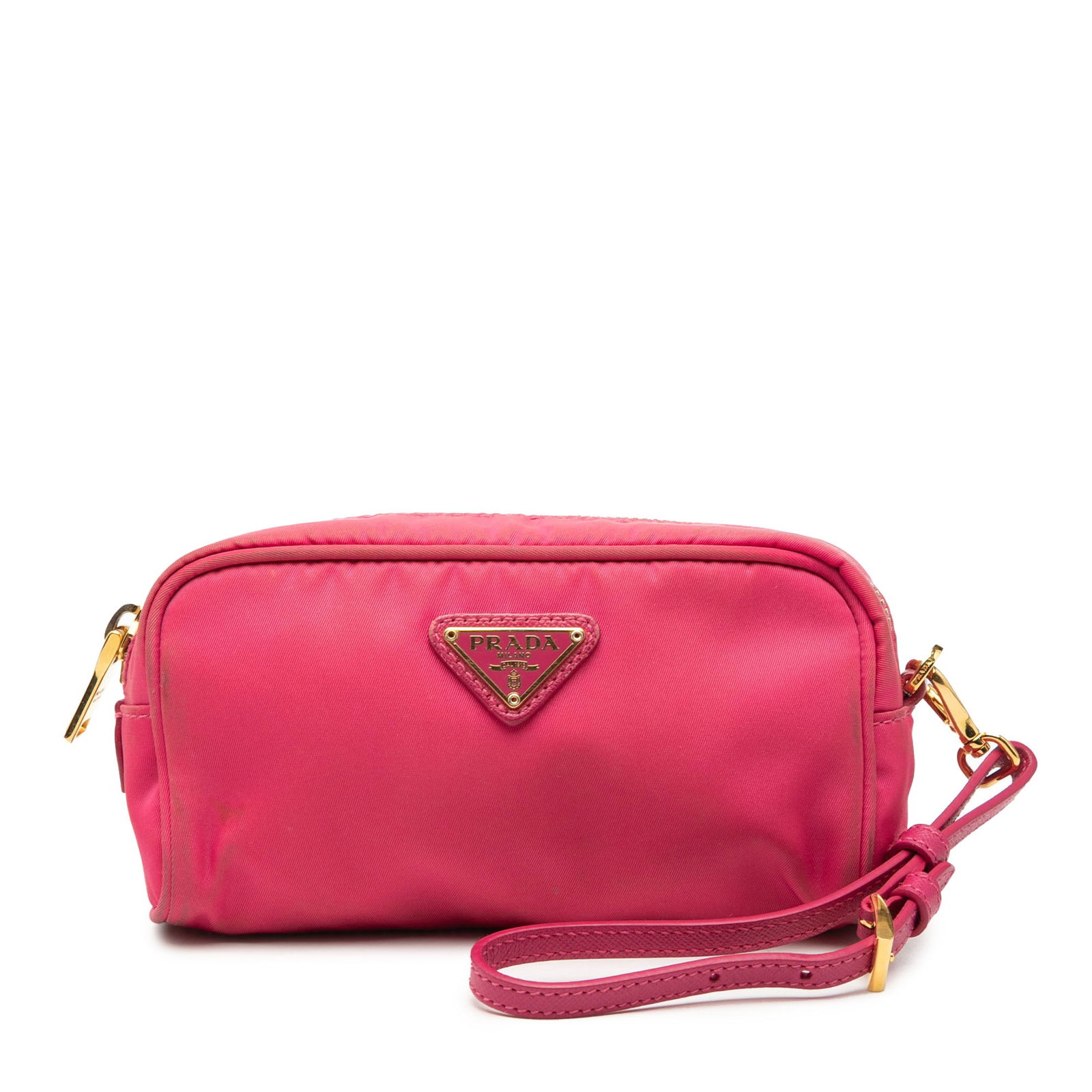 Prada Tessuto Pink Nylon Wristlet Bag with Zip Closure: Prada Tessuto Pink Nylon Wristlet Bag with Zip Closure This Prada Tessuto Wristlet Pouch features a durable pink nylon body with a detachable and adjustable flat leather wrist strap. It has a top zip 