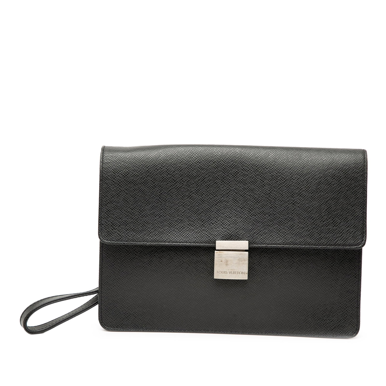 Louis Vuitton Selenga Black Taiga Leather Wristlet Bag with Push Lock: Louis Vuitton Selenga Black Taiga Leather Wristlet Bag with Push Lock The Louis Vuitton Taiga Selenga features a black Taiga leather body with a flat leather wrist strap, a front flap secured by a pus