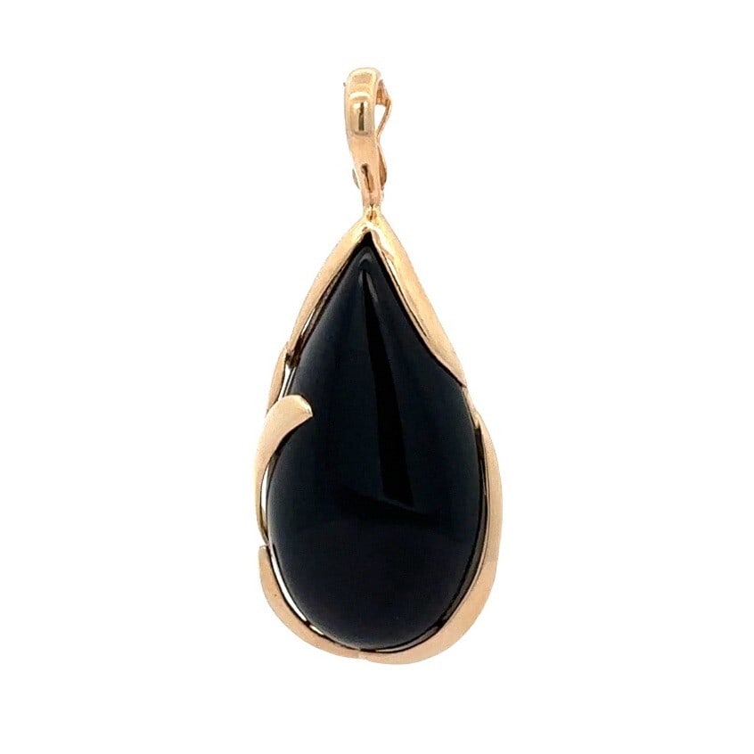 14k Yellow Gold Teardrop Black Onyx Pendant Charm: 14k Yellow Gold Teardrop Black Onyx Pendant Charm This exquisite pendant features a stunning teardrop-shaped cabochon black onyx set in a sleek bezel, crafted from 14k solid yellow gold. The natural b