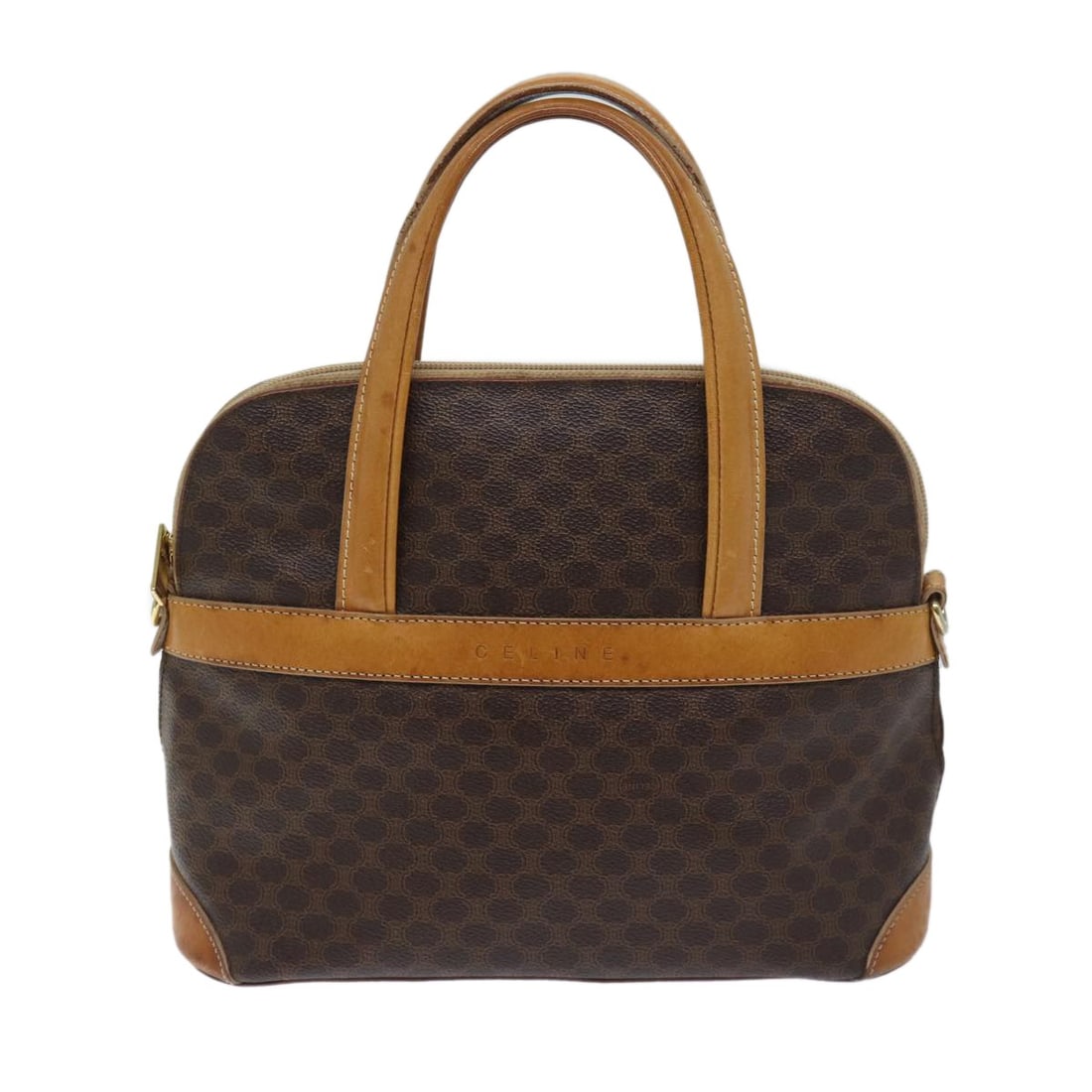 Brown Canvas and Leather Vintage Macadam Shoulder Bag by Celine: Brown Canvas and Leather Vintage Macadam Shoulder Bag by Celine This Celine Vintage Macadam Handbag features a classic brown canvas exterior with leather accents. Designed for women, it offers a timel