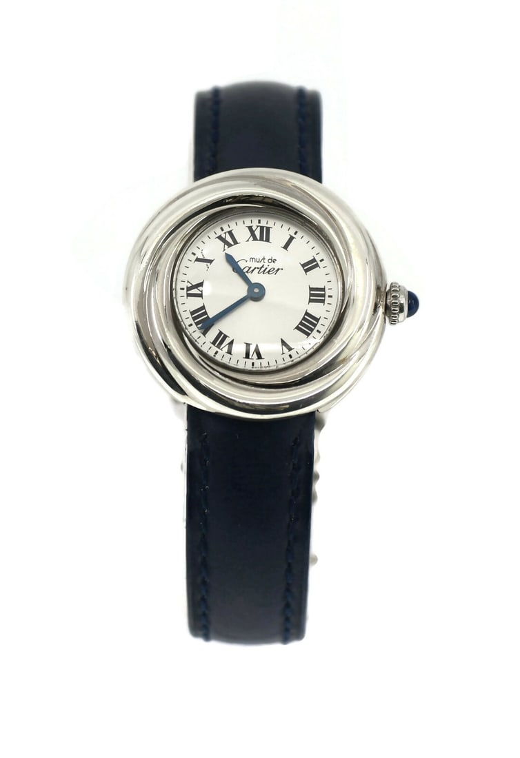 Cartier Trinity Sterling Silver Watch Model 2439 with Blue Leather Band: Cartier Trinity Sterling Silver Watch Model 2439 with Blue Leather Band Discover the exquisite Cartier Trinity Sterling Silver Watch, model 2439, a stunning timepiece that combines elegance and functi